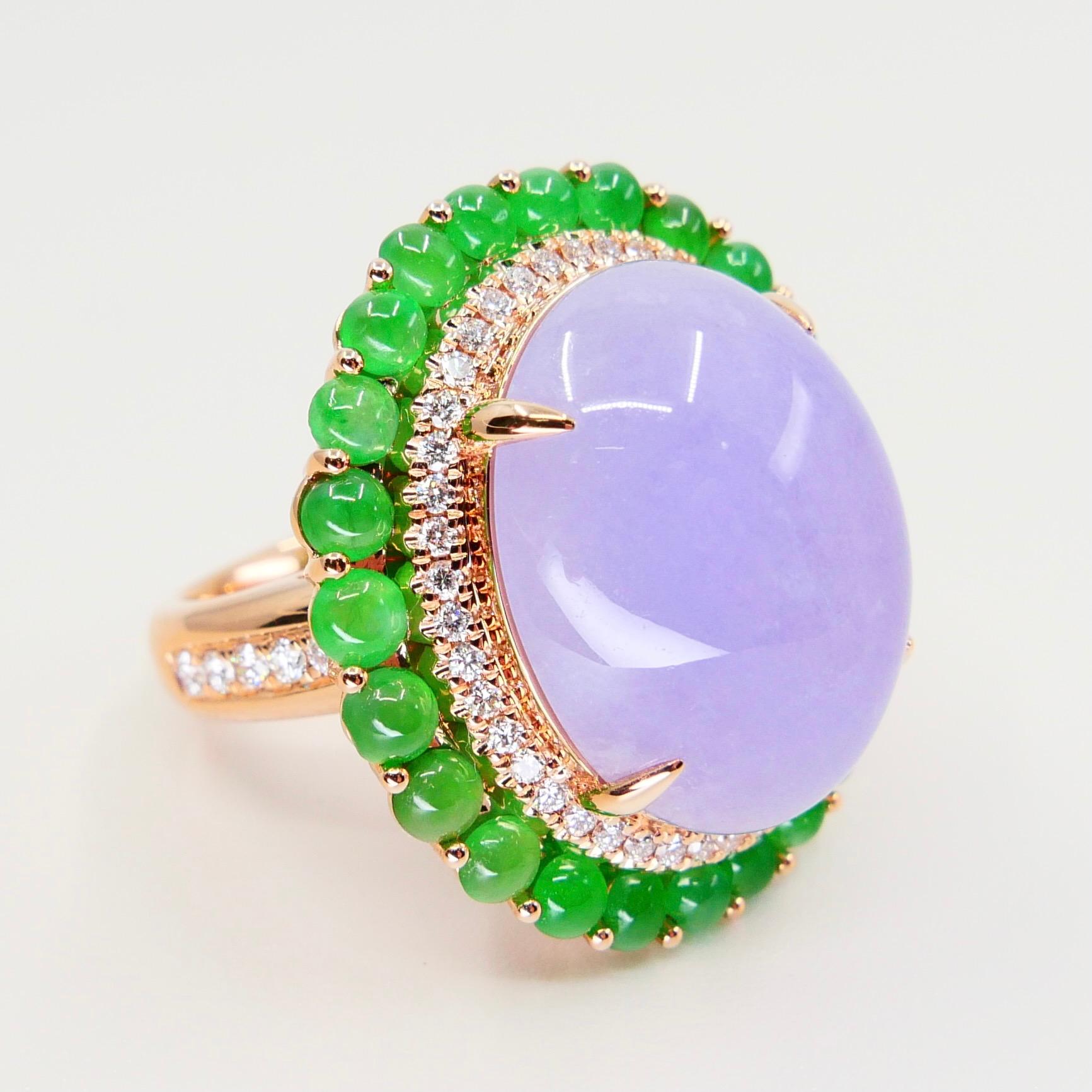 Certified 22 Cts Lavender & Apple Green Jade, Diamond Cocktail Ring. Substantial For Sale 9