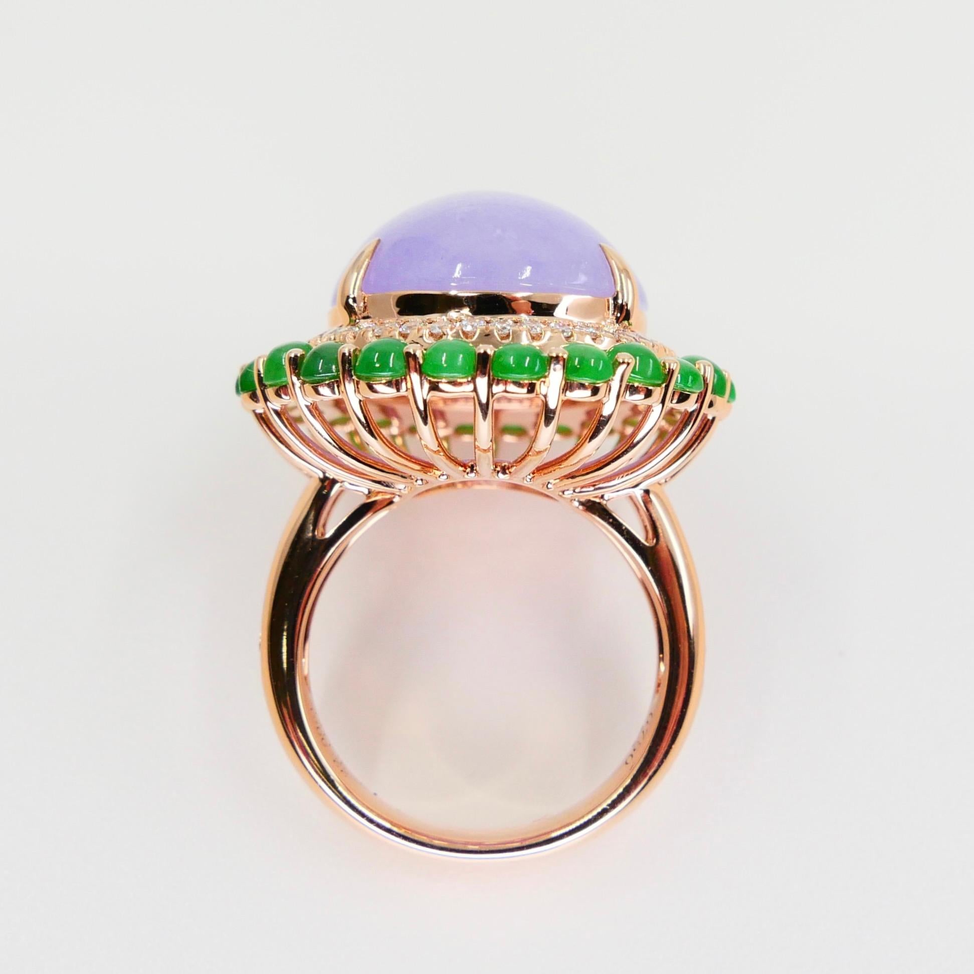 Certified 22 Cts Lavender & Apple Green Jade, Diamond Cocktail Ring. Substantial For Sale 10