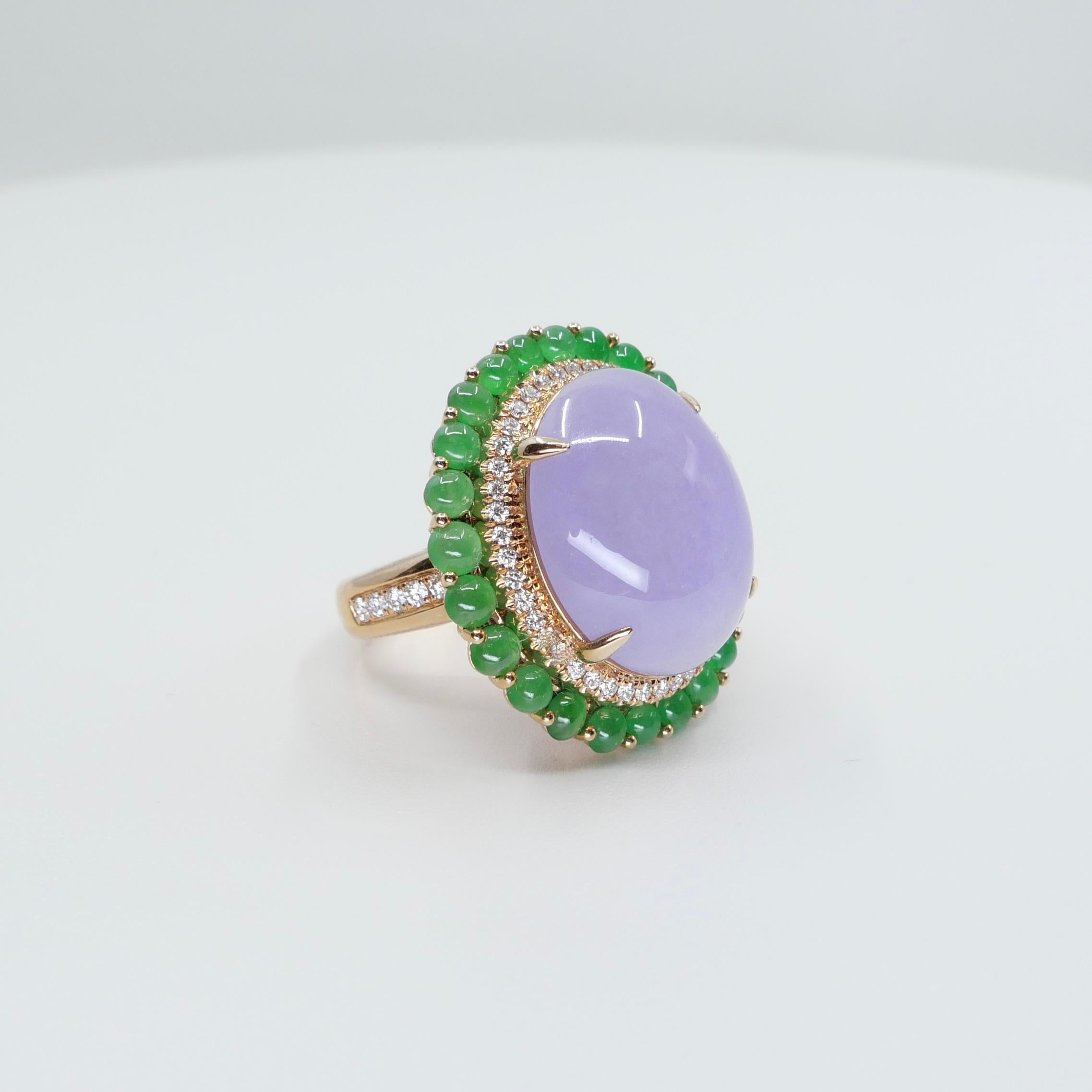 Certified 22 Cts Lavender & Apple Green Jade, Diamond Cocktail Ring. Substantial For Sale 8