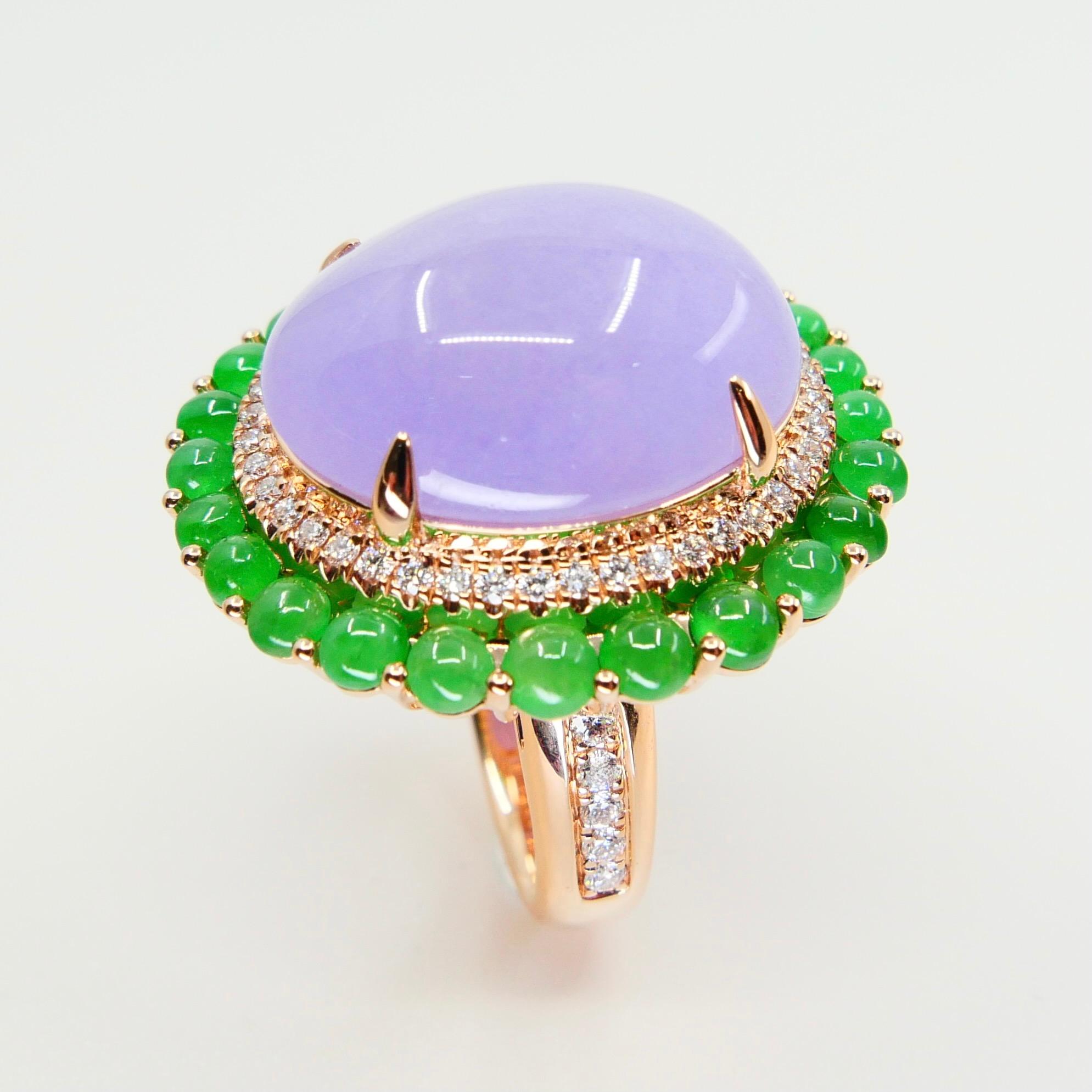 Contemporary Certified 22 Cts Lavender & Apple Green Jade, Diamond Cocktail Ring. Substantial For Sale