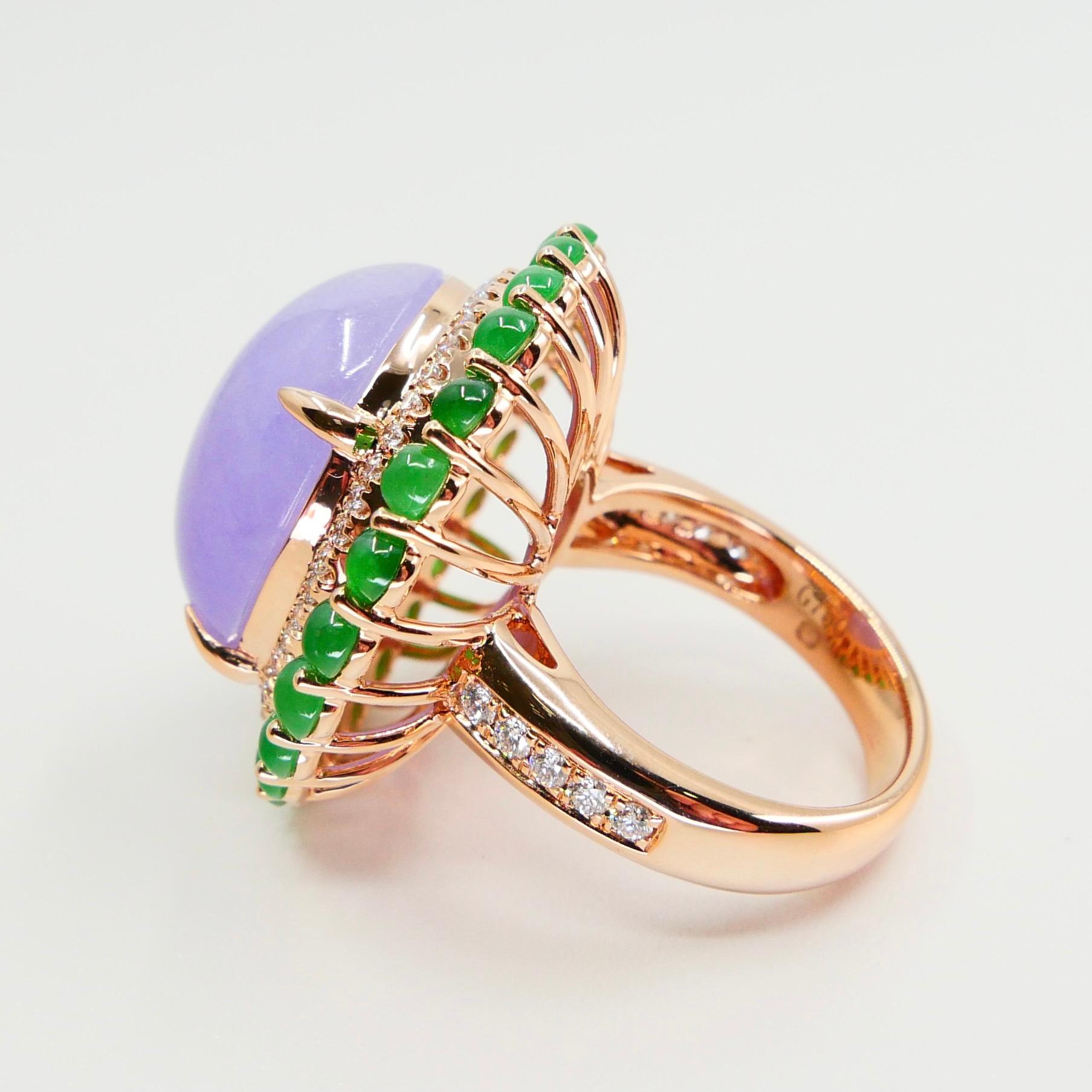 Certified 22 Cts Lavender & Apple Green Jade, Diamond Cocktail Ring. Substantial In New Condition For Sale In Hong Kong, HK
