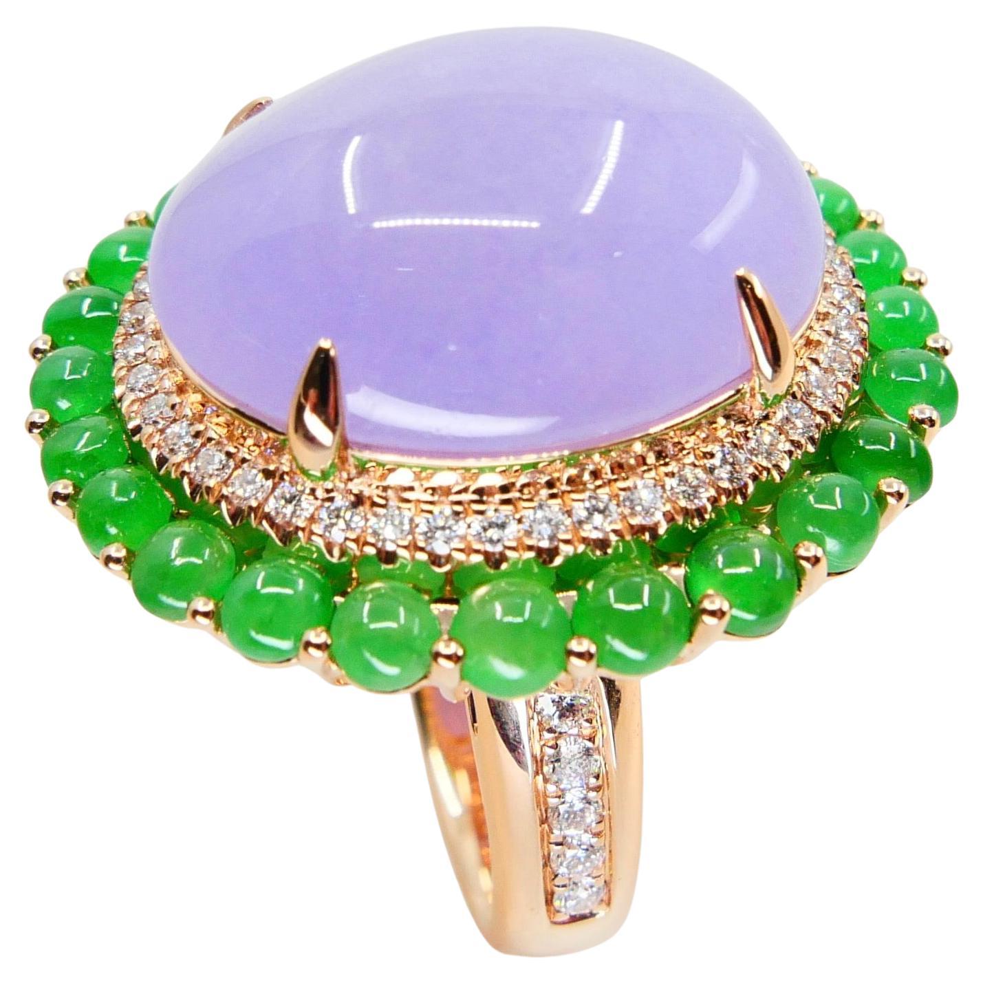 Certified 22 Cts Lavender & Apple Green Jade, Diamond Cocktail Ring. Substantial For Sale 2