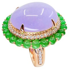 Certified 22 Cts Lavender & Apple Green Jade, Diamond Cocktail Ring. Substantial