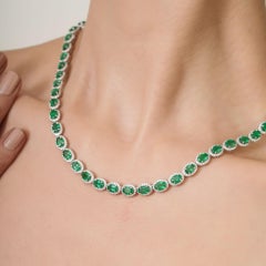 Certified 22.11Ct Emerald & 4.69Ct Diamond Halo Tennis Necklace 14K White Gold