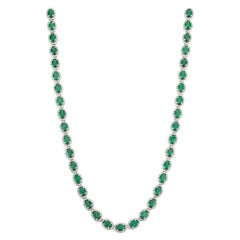 Certified 22.11Ct Emerald & 4.69Ct Diamond Halo Tennis Necklace 14K White Gold