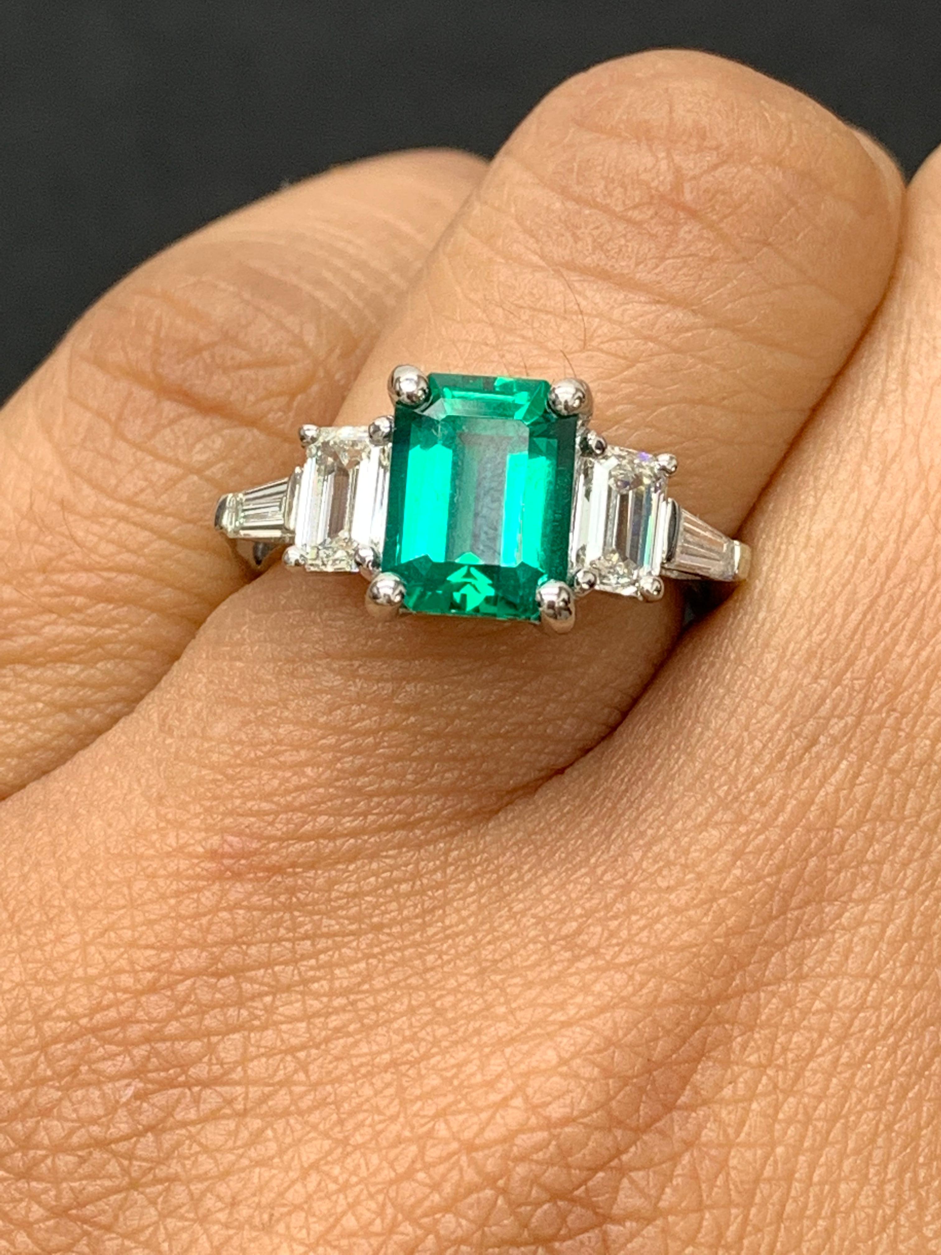 Contemporary Certified 2.22 Carat Emerald Cut Emerald and Diamond Five-Stone Engagement Ring For Sale