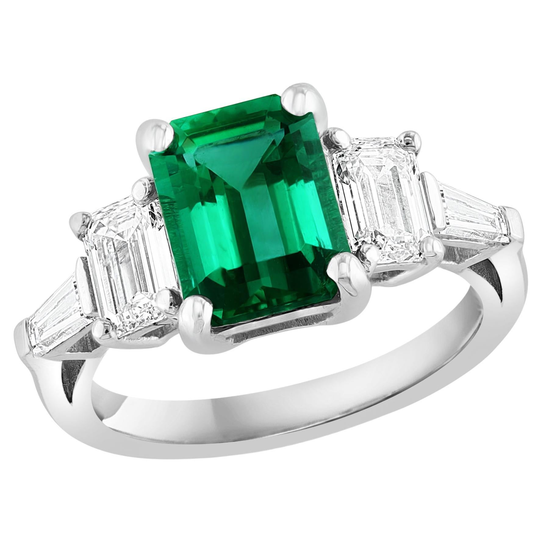 Certified 2.22 Carat Emerald Cut Emerald and Diamond Five-Stone Engagement Ring For Sale