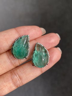 Certified 22.26 Carat Carved Emerald and Diamond Studs