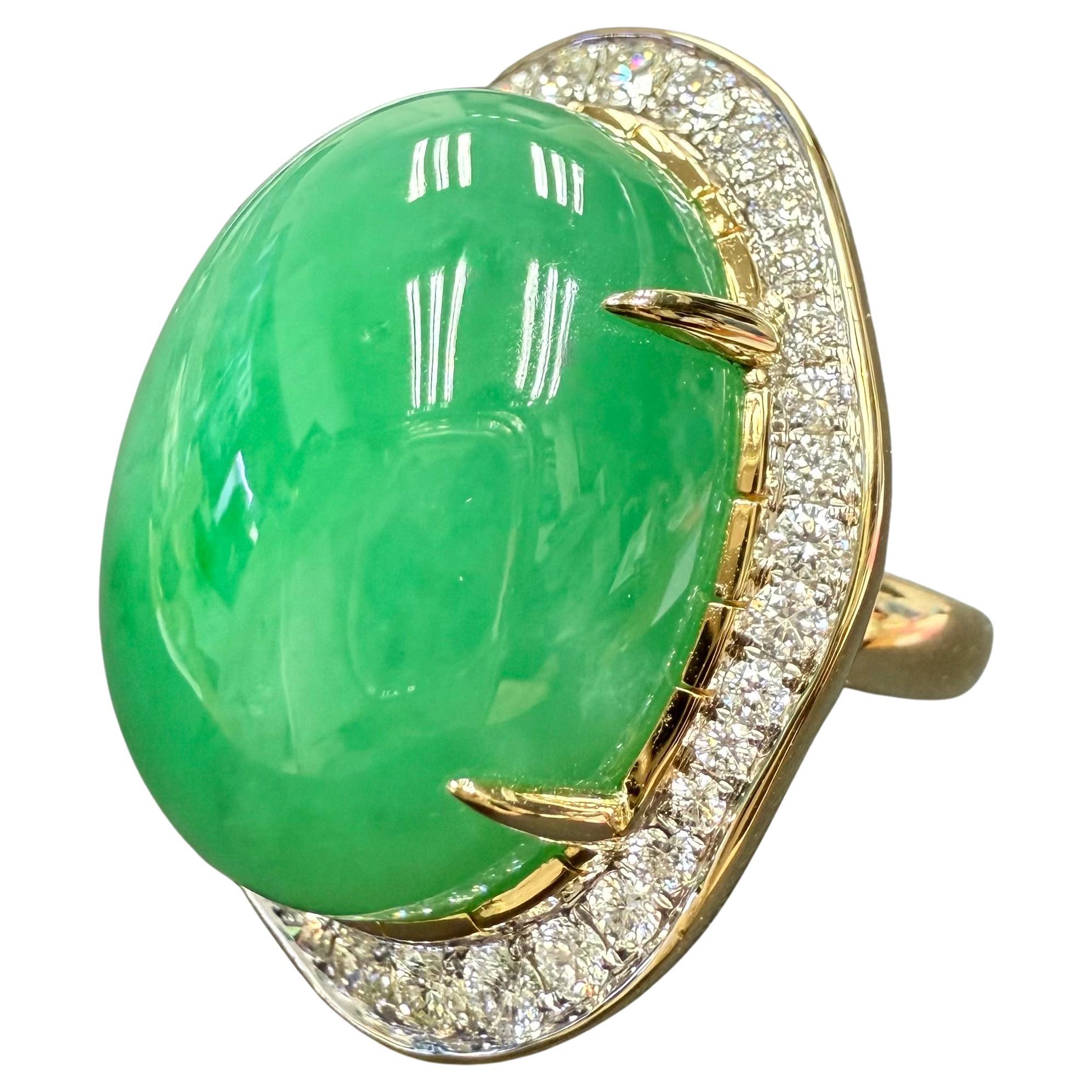 Certified 22.75 x 18mm Jade & Diamond Cocktail Ring. Apple Green, Massive!