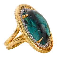 Certified 22.80 Carat Cabochon Indicolite Tourmaline and Diamond Cocktail Ring