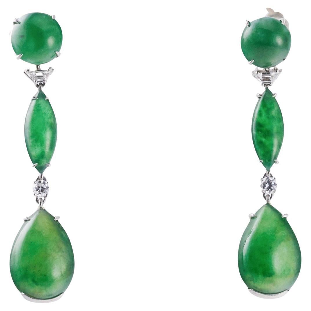 Certified 22.80 Carat Natural Jadeite Jade Diamond Gold 1970s Drop Earrings For Sale