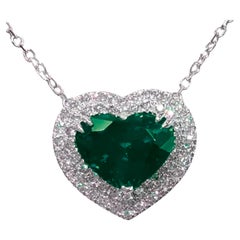 Certified 2.29 Carat Heart-Shaped Emerald and Diamond Halo Pendant Necklace