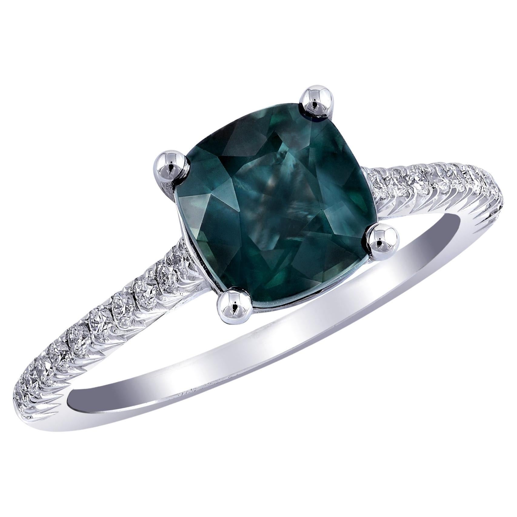 Certified 2.31 Carat Blue-Green Sapphire Diamond set in 14K White Gold Ring  For Sale