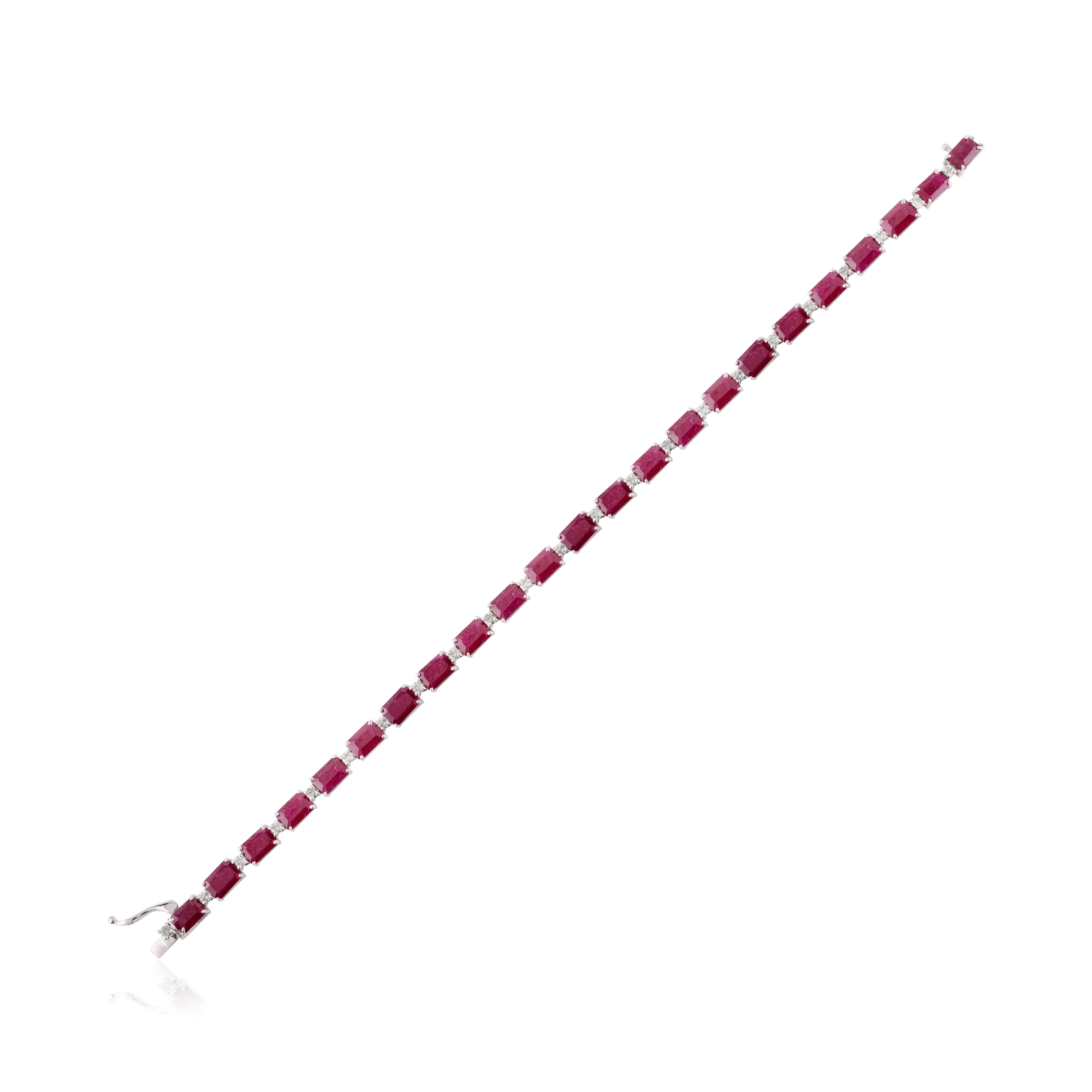 Art Deco Certified 23.36 CTW Octagon Ruby Tennis Bracelet with Diamonds in 14k White Gold For Sale