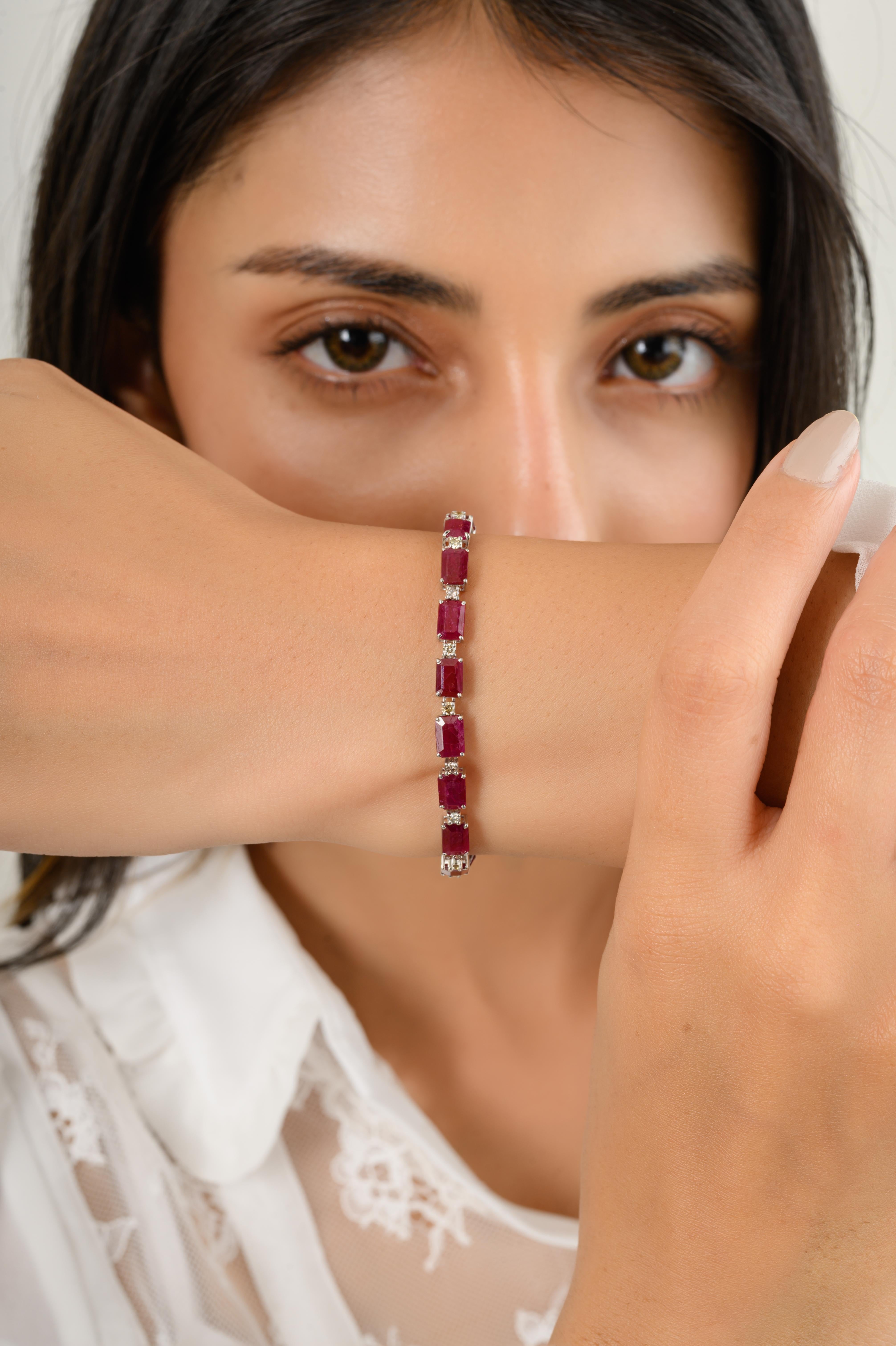 Octagon Cut Certified 23.36 CTW Octagon Ruby Tennis Bracelet with Diamonds in 14k White Gold For Sale