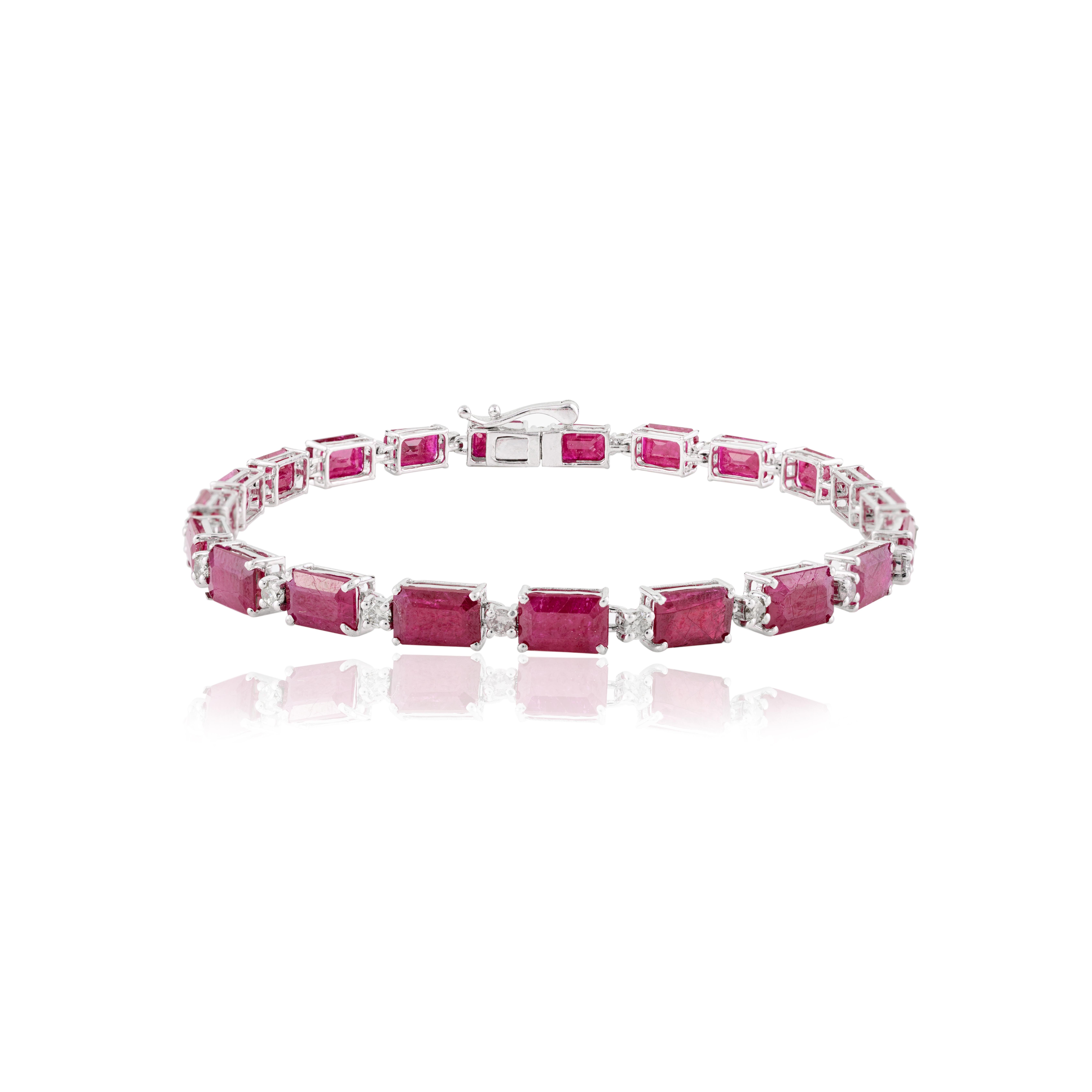 Certified 23.36 CTW Octagon Ruby Tennis Bracelet with Diamonds in 14k White Gold In New Condition For Sale In New York, NY