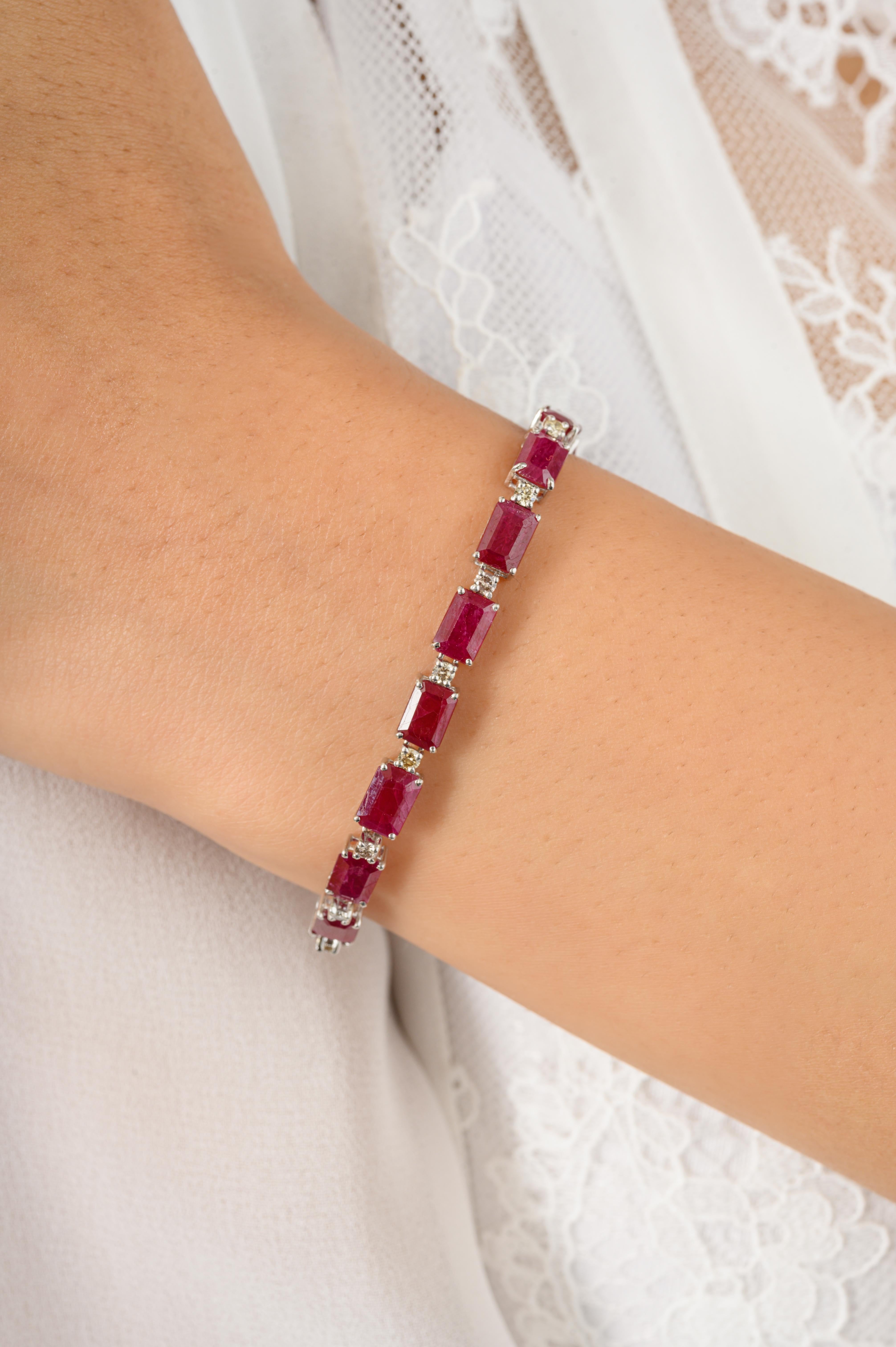 Women's Certified 23.36 CTW Octagon Ruby Tennis Bracelet with Diamonds in 14k White Gold For Sale