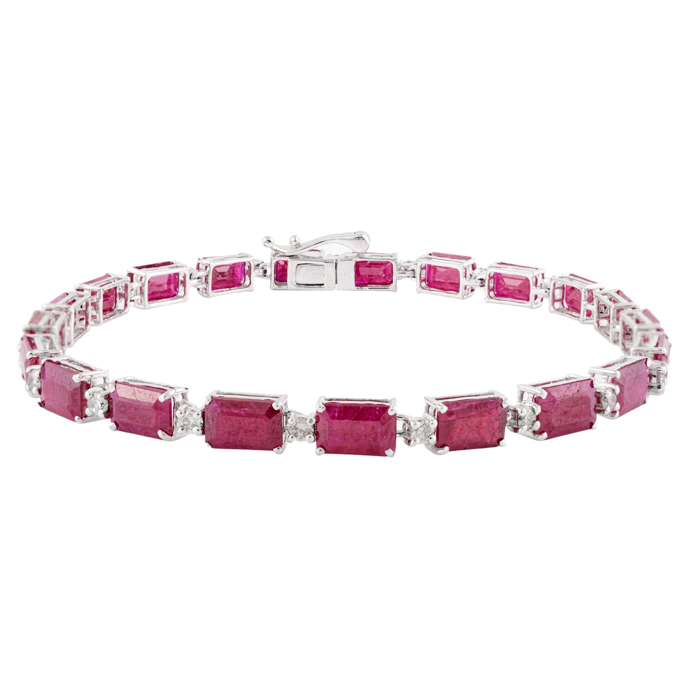 Certified 23.36 CTW Octagon Ruby Tennis Bracelet with Diamonds in 14k White Gold For Sale