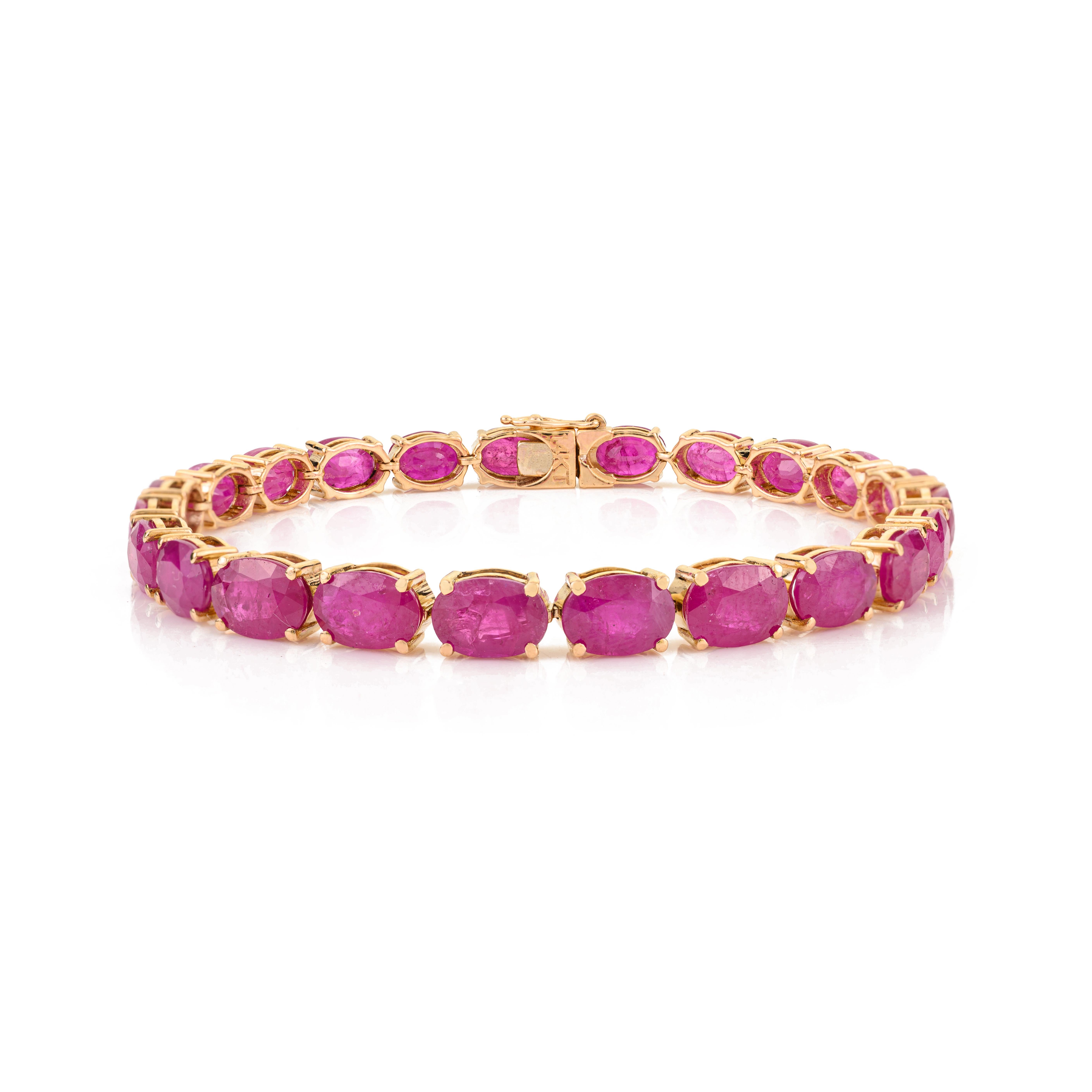 Certified 23.37Ct Natural Oval Cut Ruby Tennis Bracelet in 14K Solid Yellow Gold For Sale