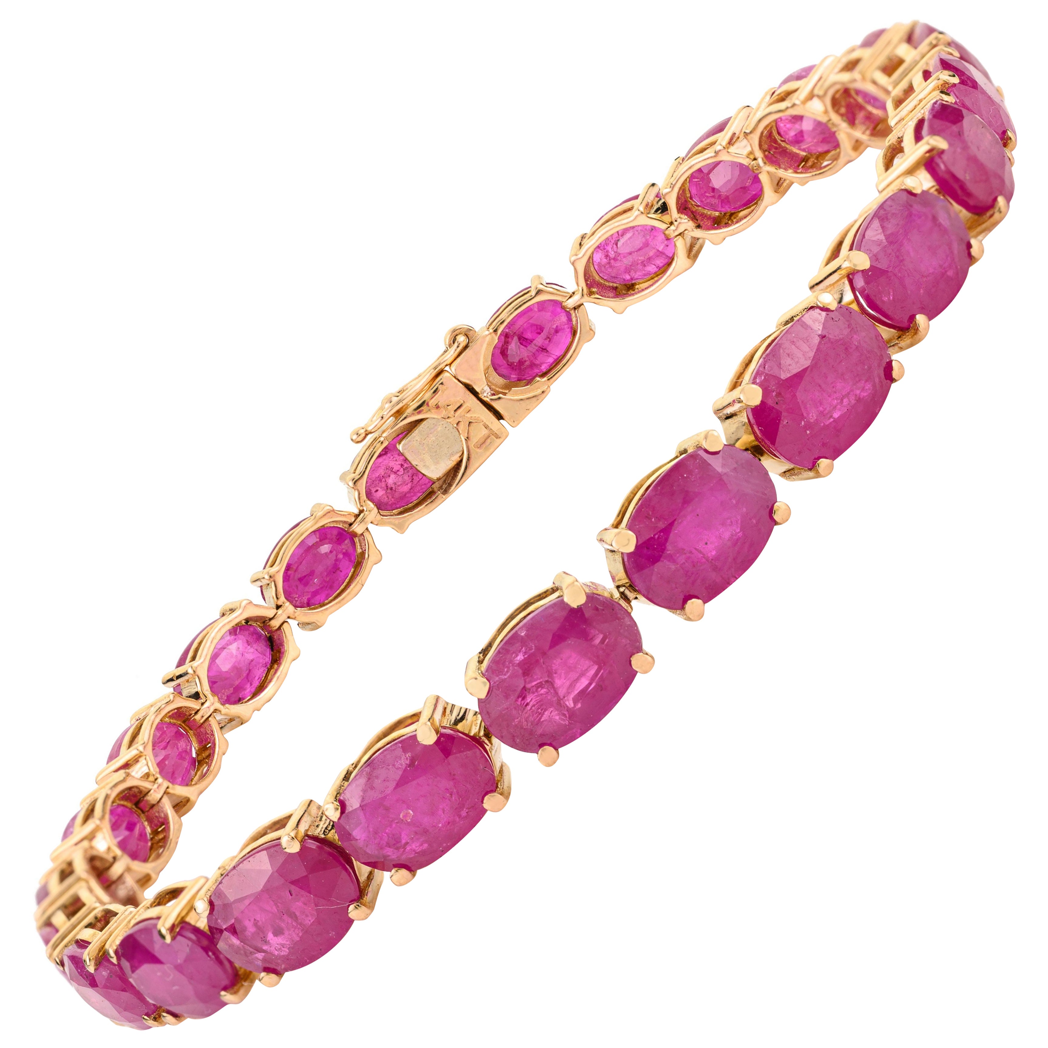 Brazalete de tenis de oro amarillo macizo de 18 quilates con certificado de 23,37 quilates de rubí natural de talla ovalada
