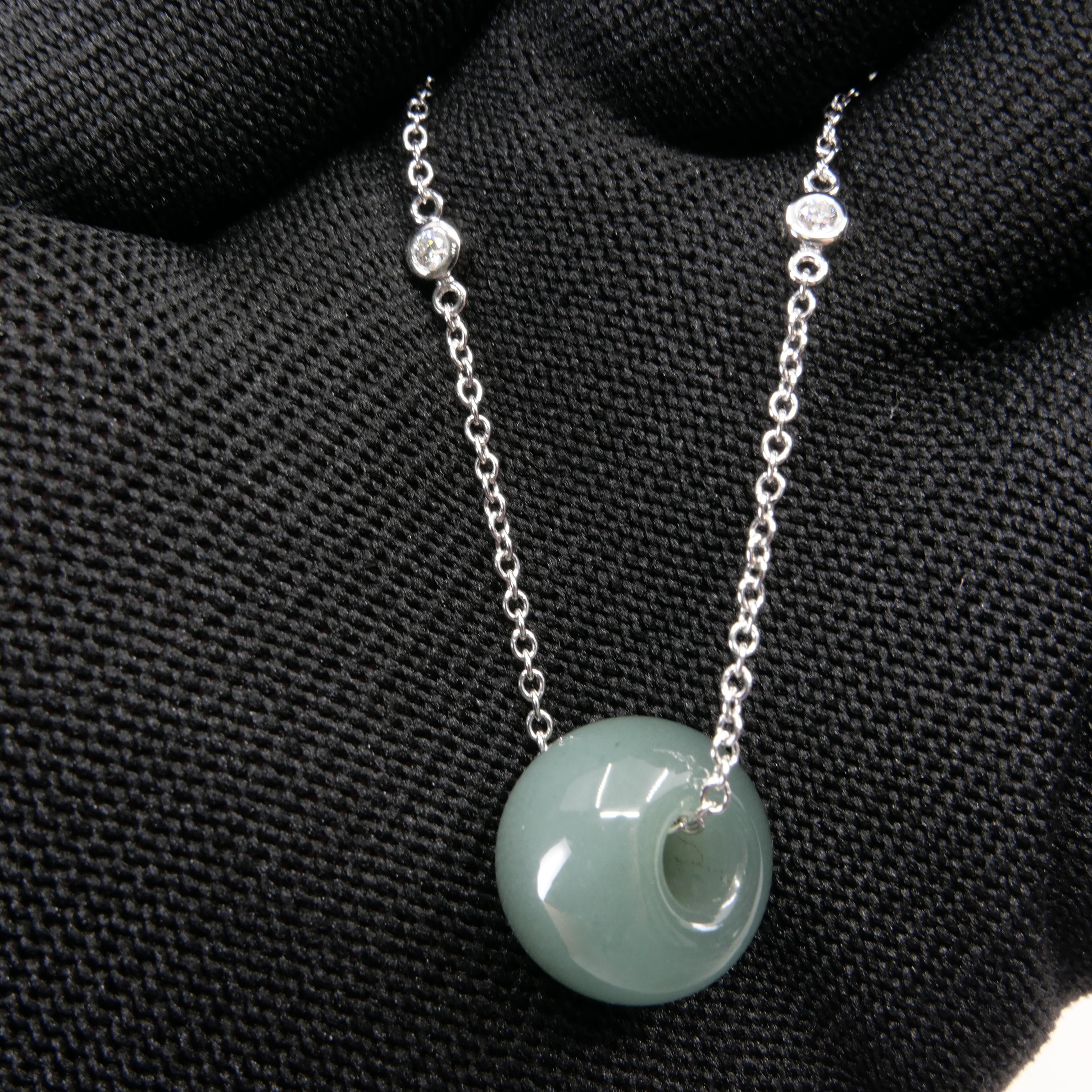 Certified 23.49 Cts Jade Donut Pendant, Custom Diamond Necklace, Water Green  For Sale 8