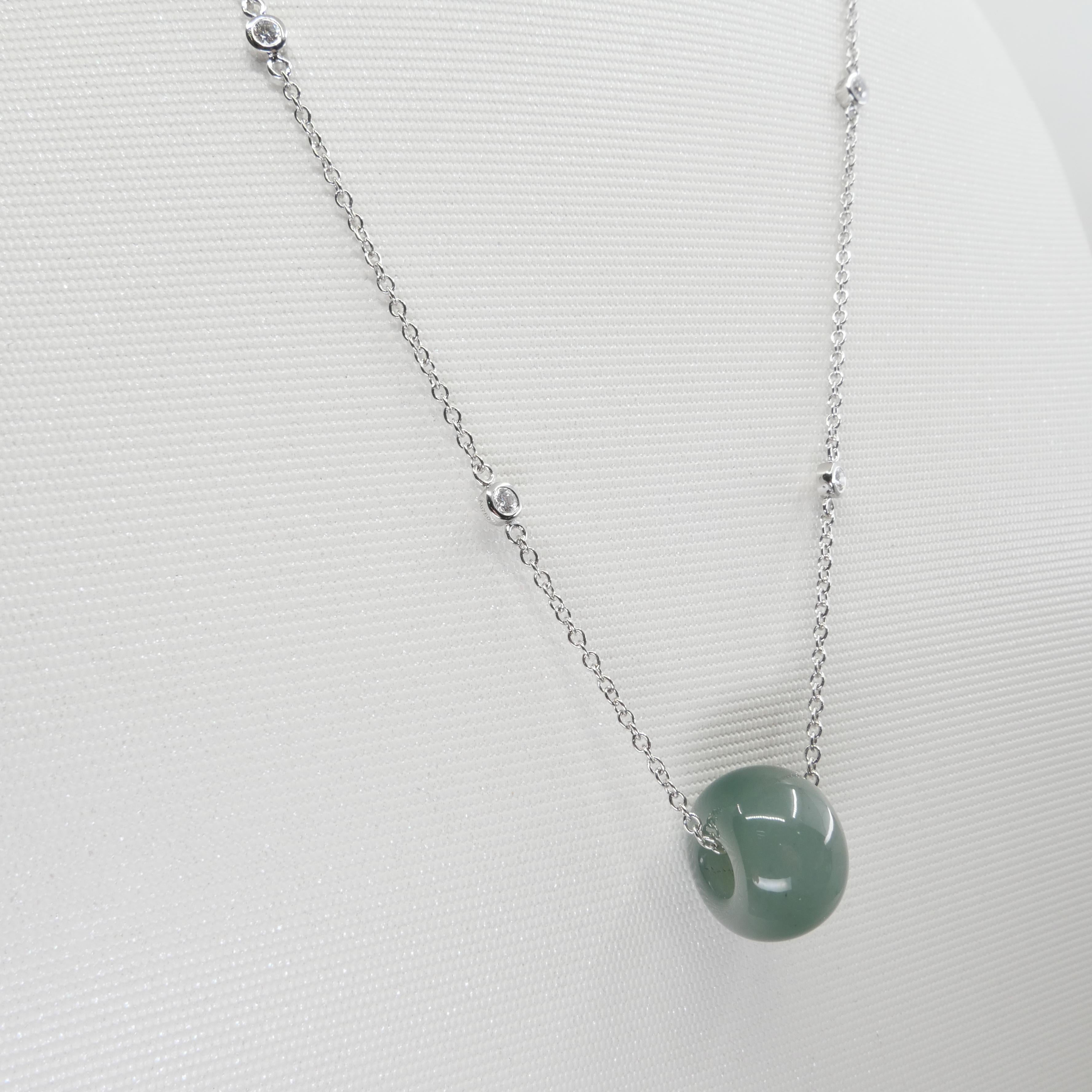 Round Cut Certified 23.49 Cts Jade Donut Pendant, Custom Diamond Necklace, Water Green  For Sale