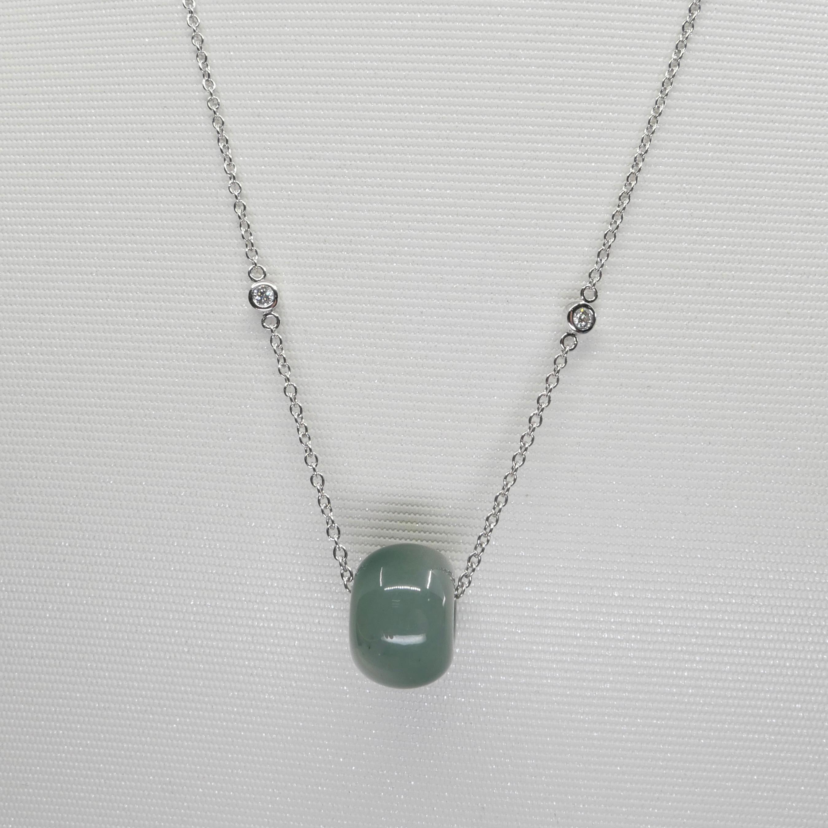 Women's Certified 23.49 Cts Jade Donut Pendant, Custom Diamond Necklace, Water Green For Sale