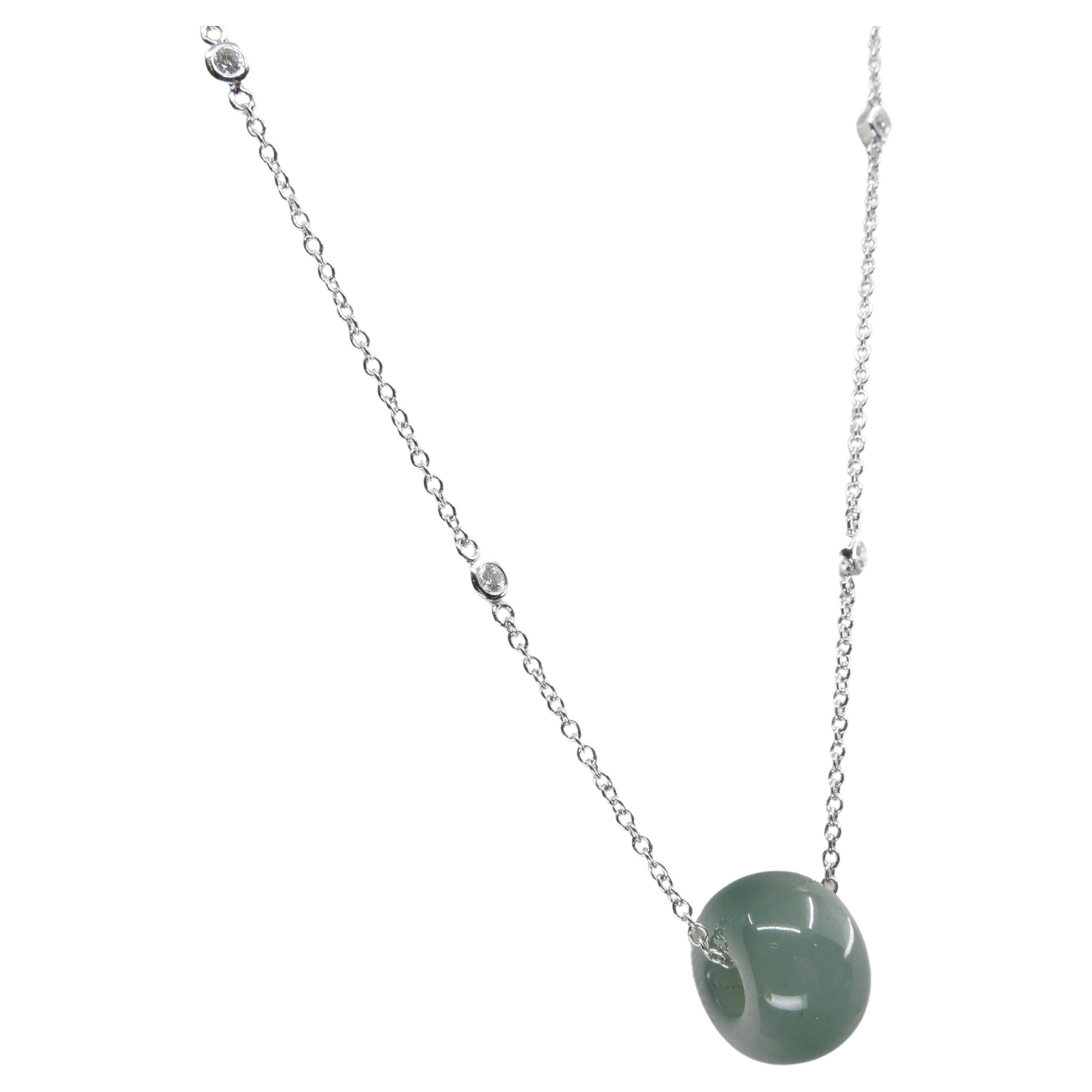 Certified 23.49 Cts Jade Donut Pendant, Custom Diamond Necklace, Water Green  For Sale