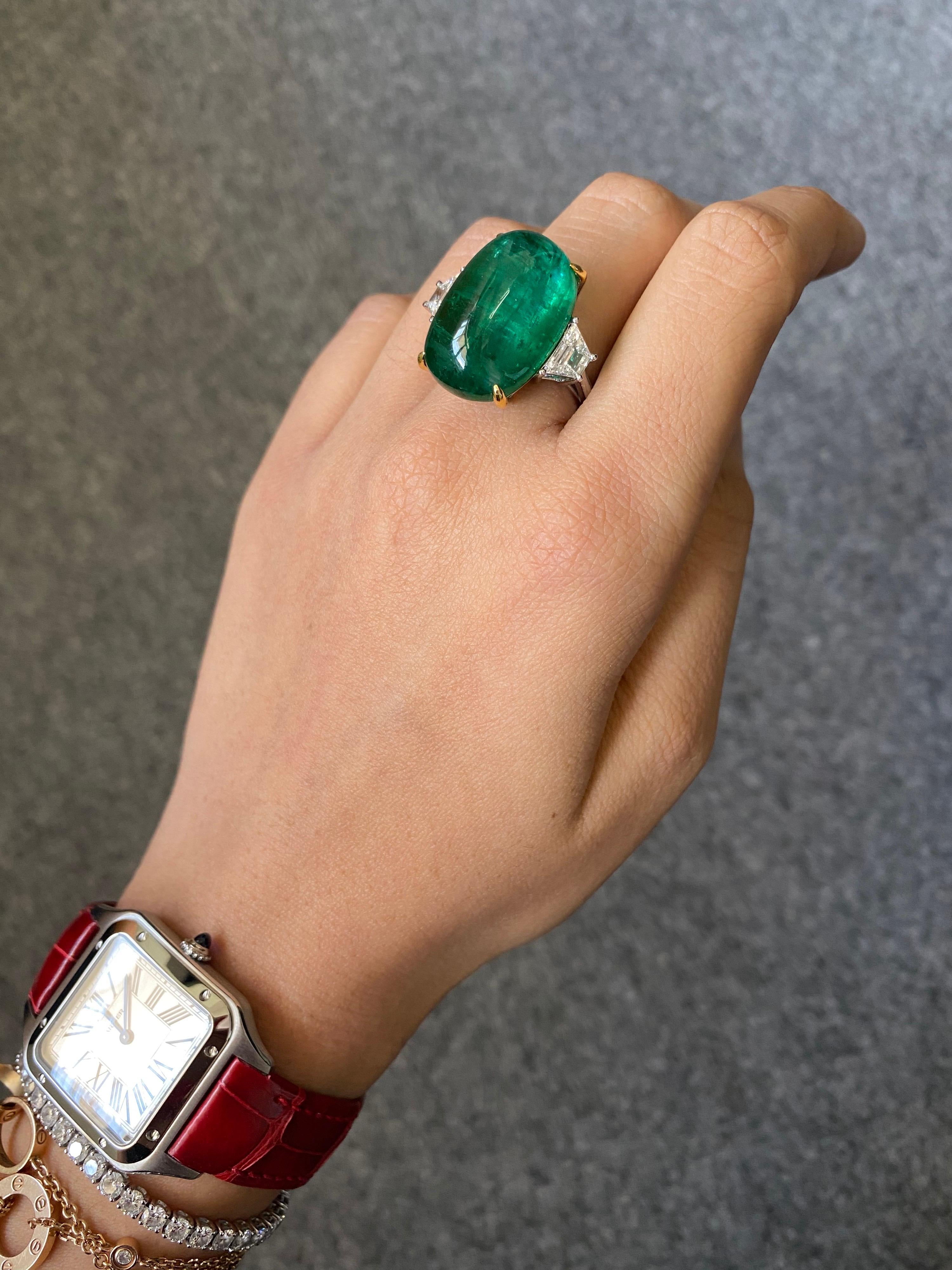Contemporary Certified 23.82 Carat Emerald Cabochon and Diamond Three-Stone Engagement Ring