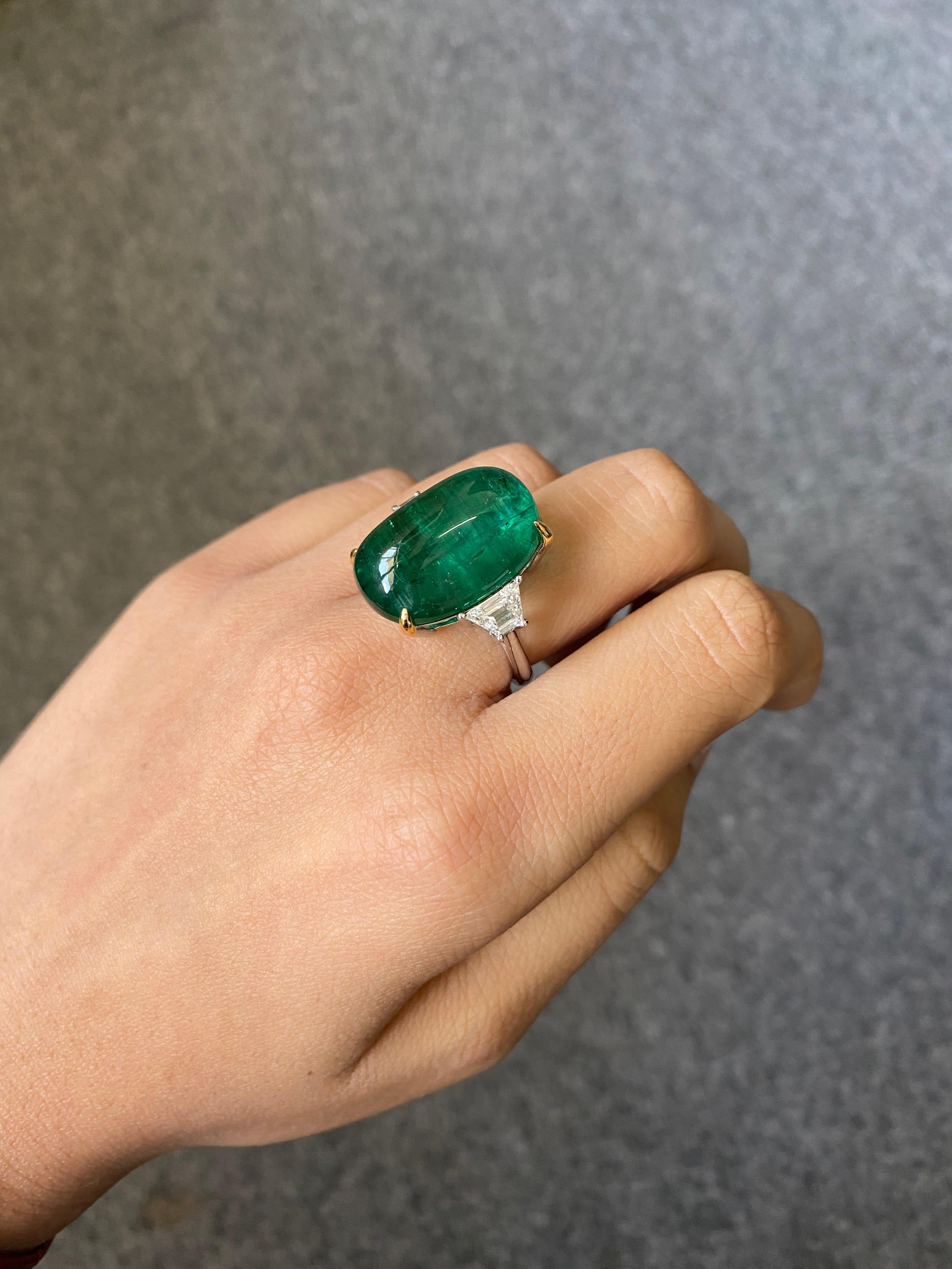 Certified 23.82 Carat Emerald Cabochon and Diamond Three-Stone Engagement Ring In New Condition In Bangkok, Thailand