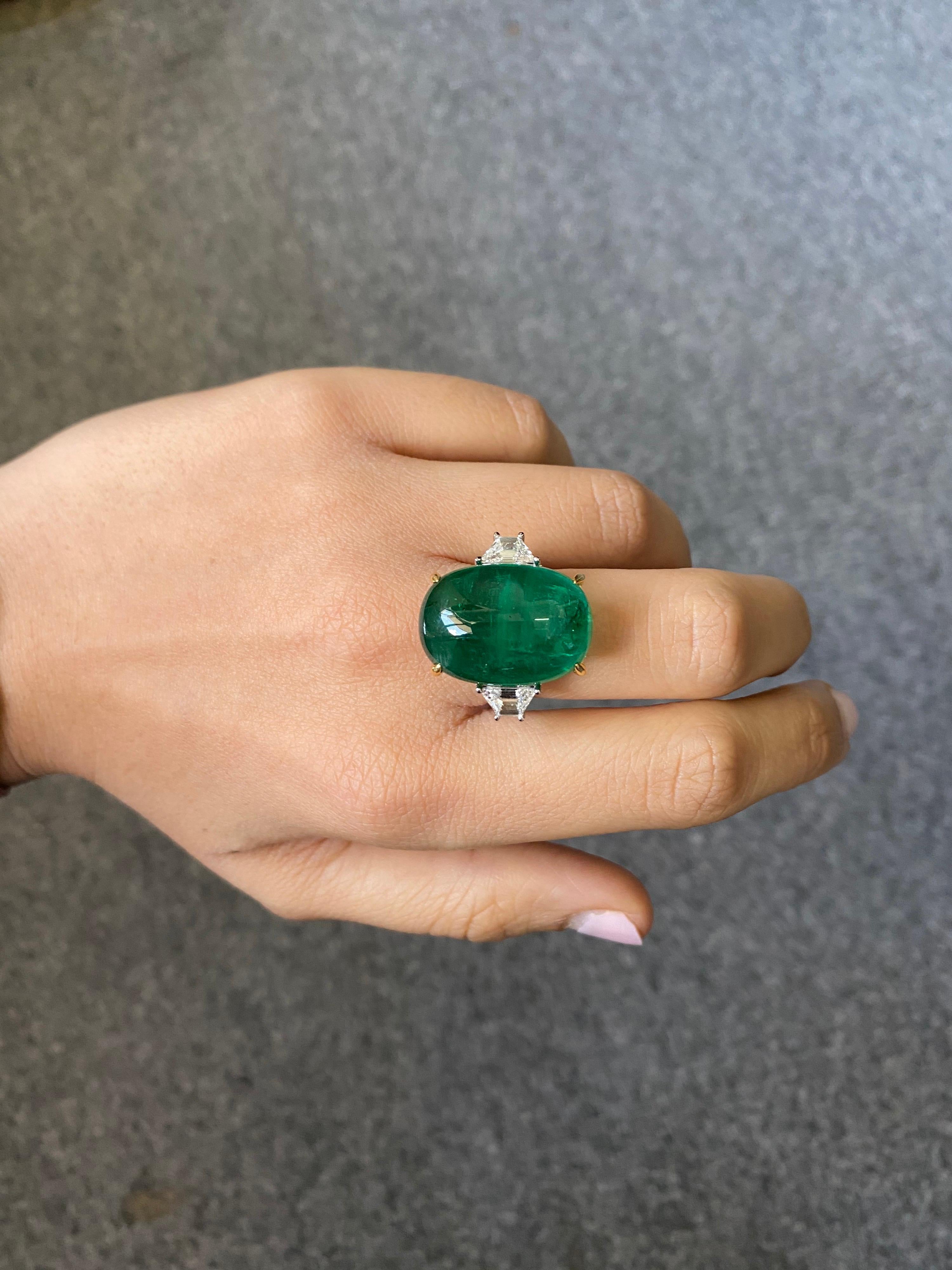 Women's or Men's Certified 23.82 Carat Emerald Cabochon and Diamond Three-Stone Engagement Ring