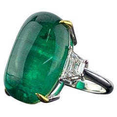 Certified 23.82 Carat Emerald Cabochon and Diamond Three-Stone Engagement Ring