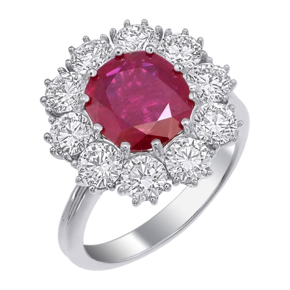 Discover timeless elegance with this exquisite ring featuring a 2.42-carat Burmese ruby. This exceptional gemstone boasts a striking red color with a deep, rich tone, showcasing its unheated, natural beauty.

Crafted in platinum 950, the ring is