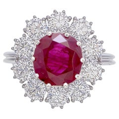 Certified 2.42 Carats Unheated Burma Ruby & Diamond Halo Ring