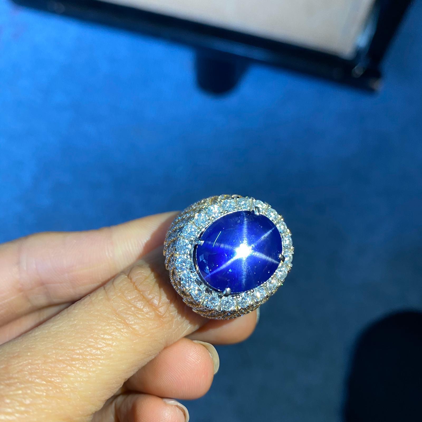 A collectors piece, 24.46 carat Burmese Star Sapphire with the perfect, clear star when seen using a direct torch light. The stone is mounted in a wonderful solid 18K yellow and white gold with VS quality diamonds. 
Finding a Burmese Blue Star