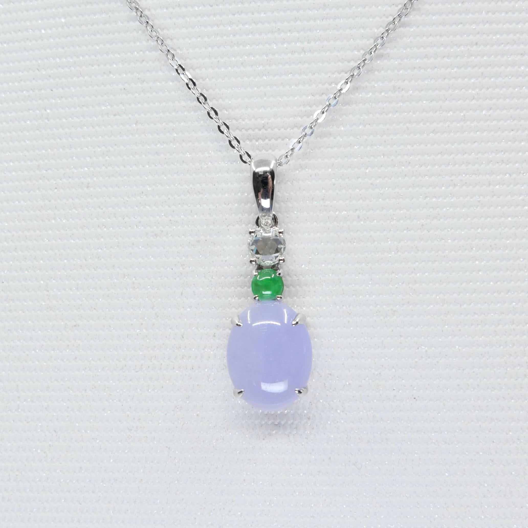 Certified 2.45cts Lavender Jade & New Rose Cut Diamond Drop Pendant Necklace In New Condition For Sale In Hong Kong, HK