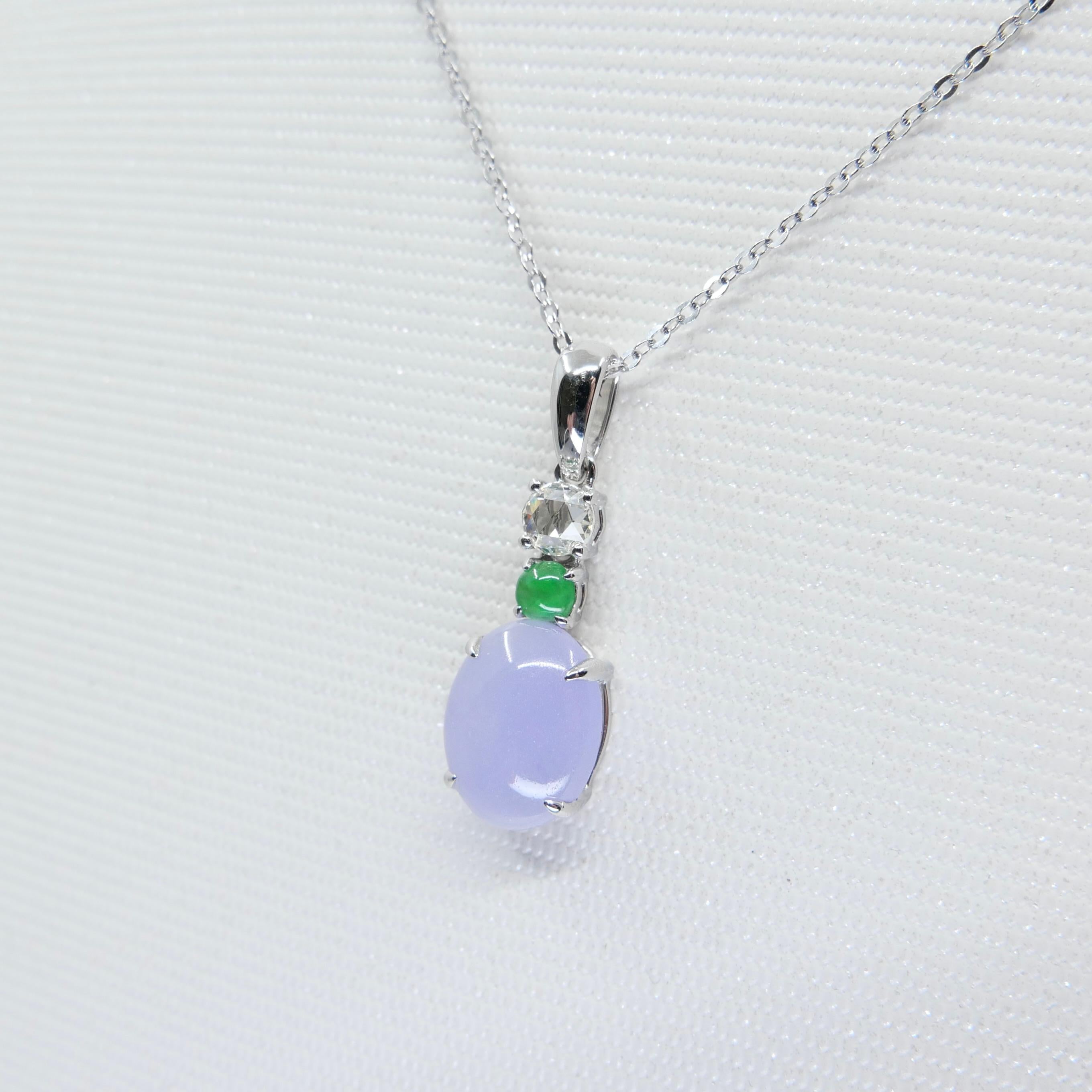 Certified 2.45cts Lavender Jade & New Rose Cut Diamond Drop Pendant Necklace For Sale 1