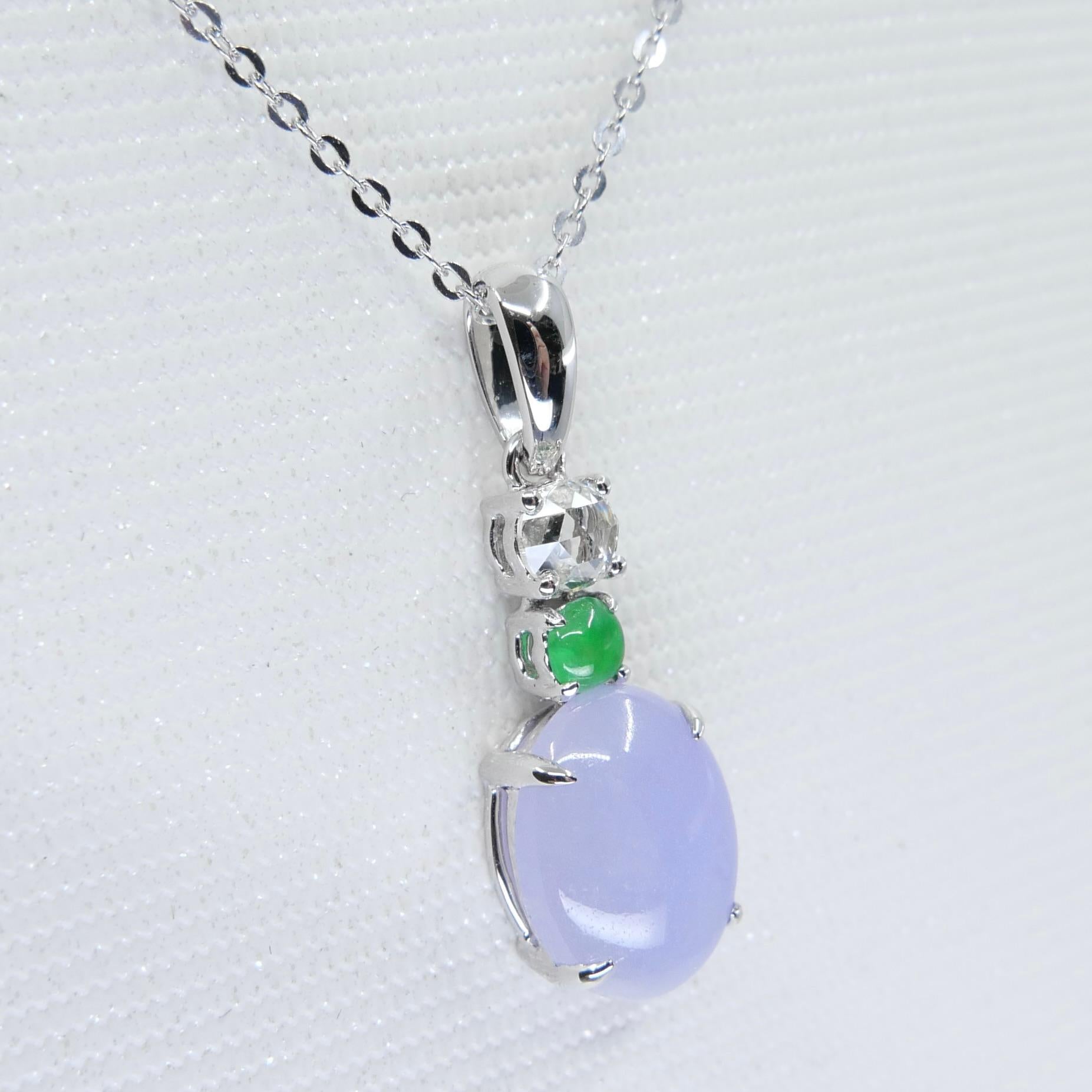 Certified 2.45cts Lavender Jade & New Rose Cut Diamond Drop Pendant Necklace For Sale 2