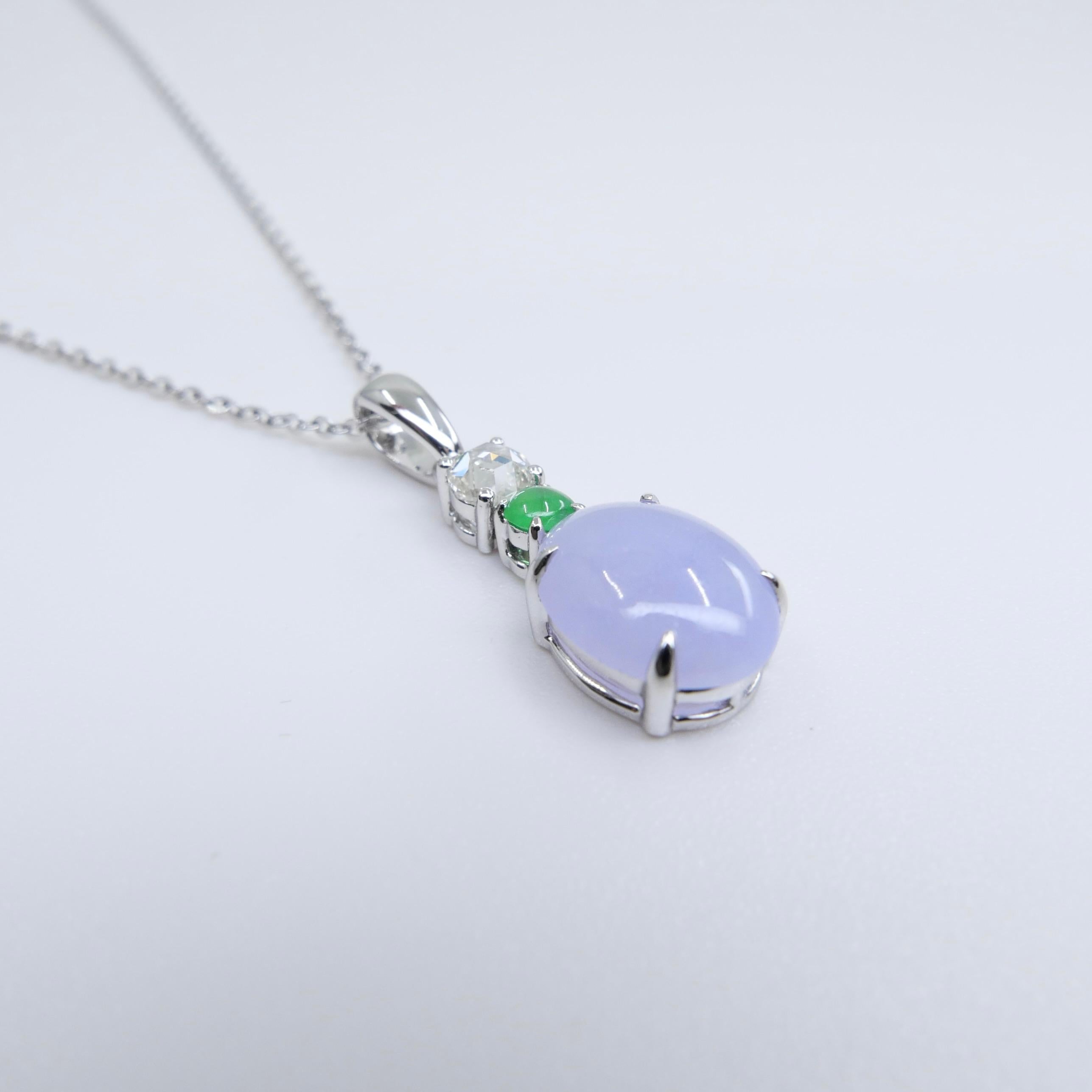 Certified 2.45cts Lavender Jade & New Rose Cut Diamond Drop Pendant Necklace For Sale 8