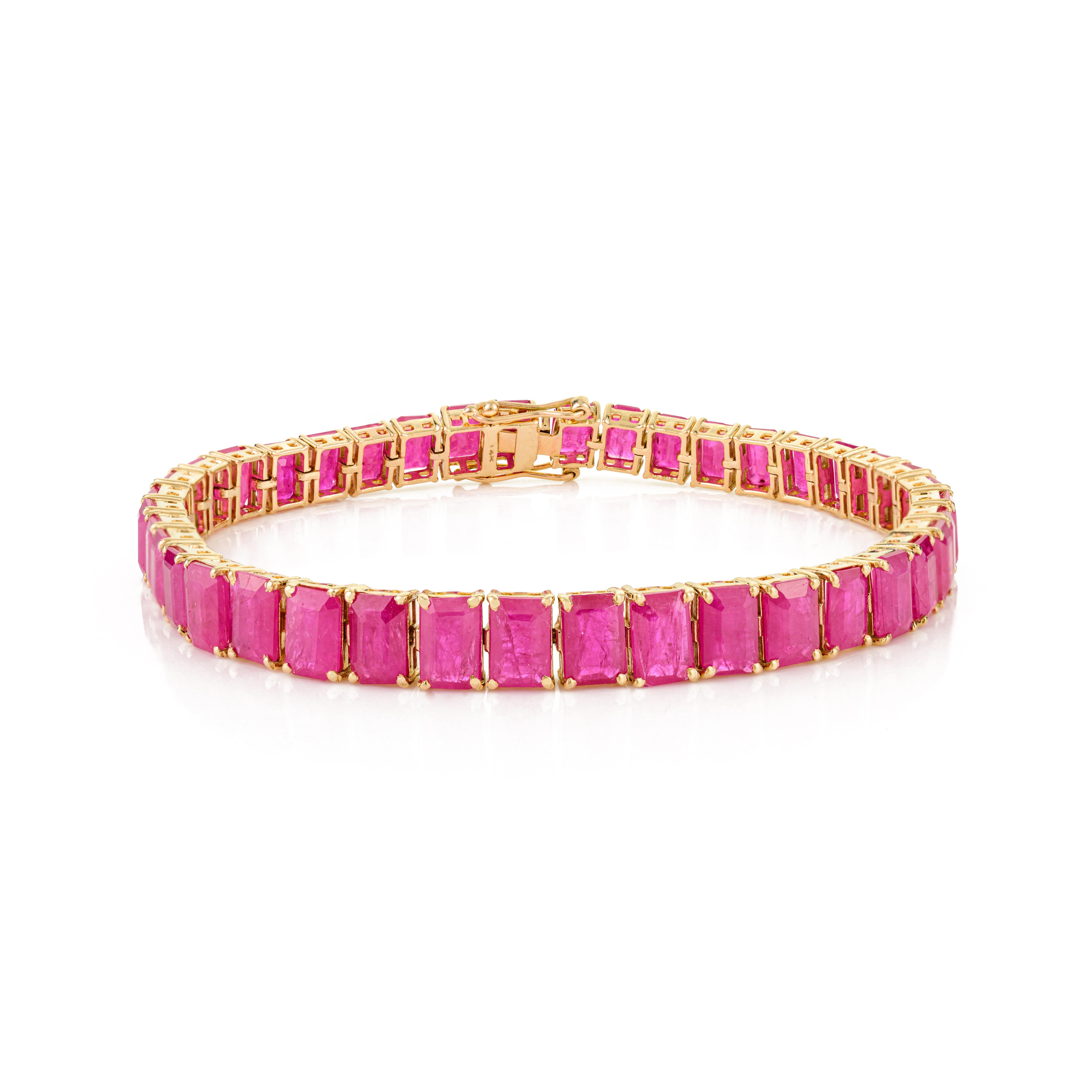 Zertifiziertes 24,95 CTW Oktagon-Rubin-Tennisarmband in 14k Gelbgold Brautgeschenk im Zustand „Neu“ im Angebot in New York, NY