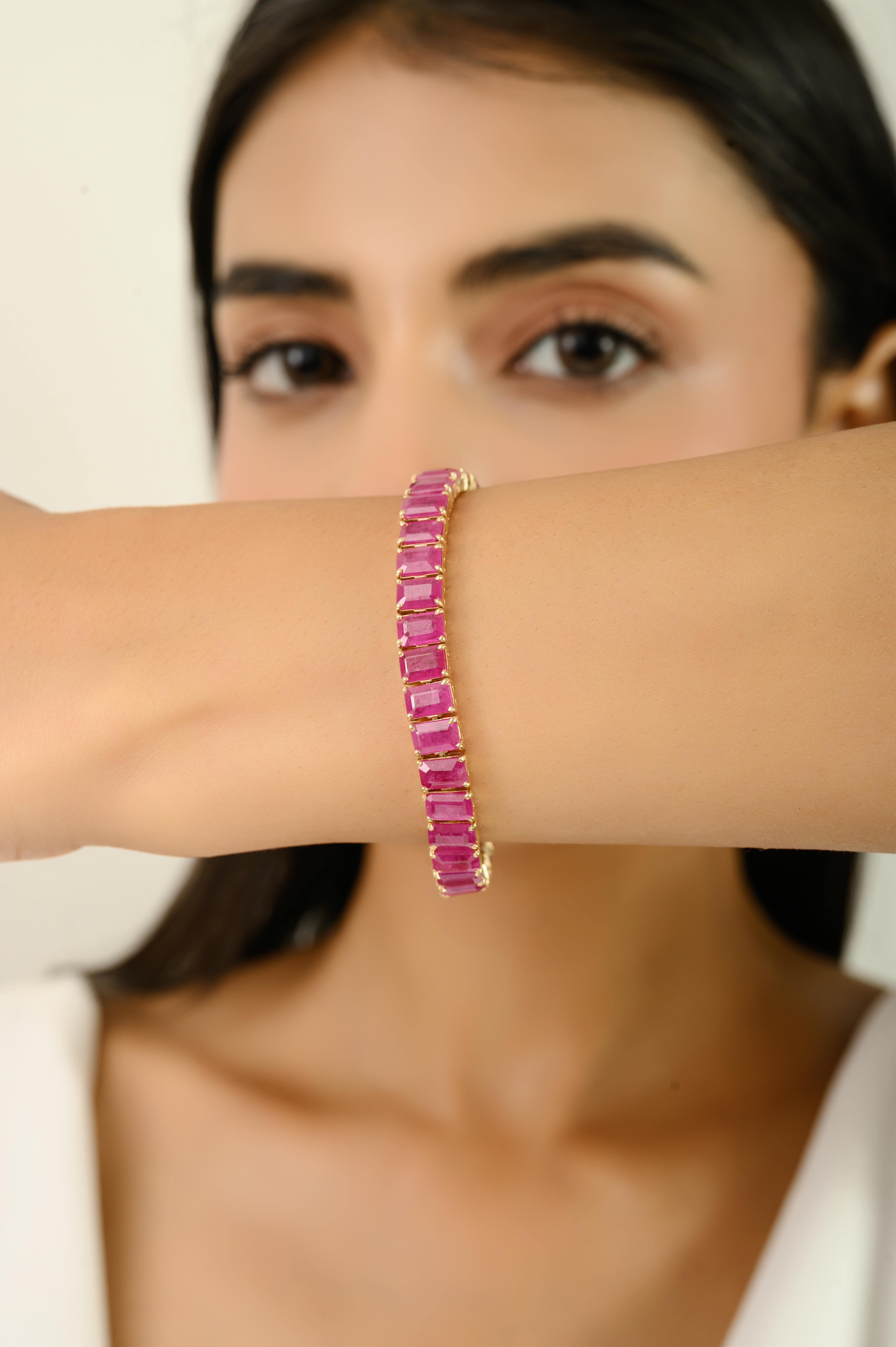 Zertifiziertes 24,95 CTW Oktagon-Rubin-Tennisarmband in 14k Gelbgold Brautgeschenk Damen im Angebot