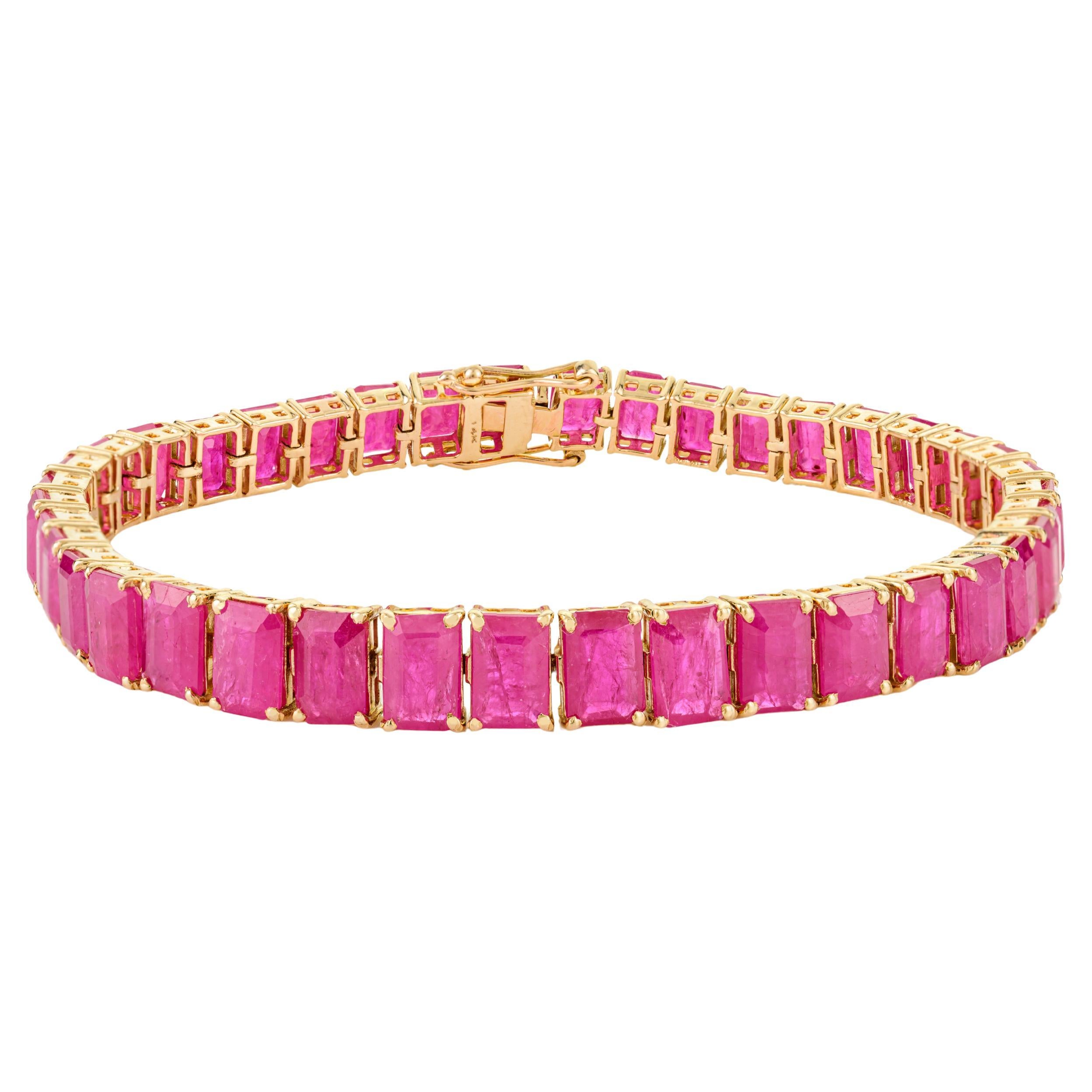Zertifiziertes 24,95 CTW Oktagon-Rubin-Tennisarmband in 14k Gelbgold Brautgeschenk im Angebot
