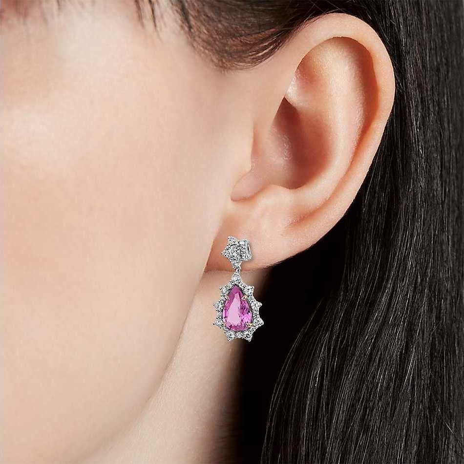 Pear Cut Certified 2.50 Carat Pink Sapphire and Diamond Pear Drop Earrings in 14K Gold