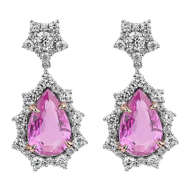 Certified 2.50 Carat Pink Sapphire and Diamond Pear Drop Earrings in 14K Gold