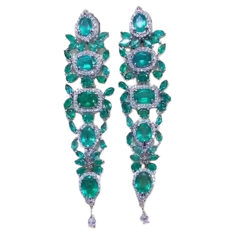 Certified 25.00 Ct Zambian Emeralds  2.50 Ct Diamonds 18K Gold Earrings For Sale