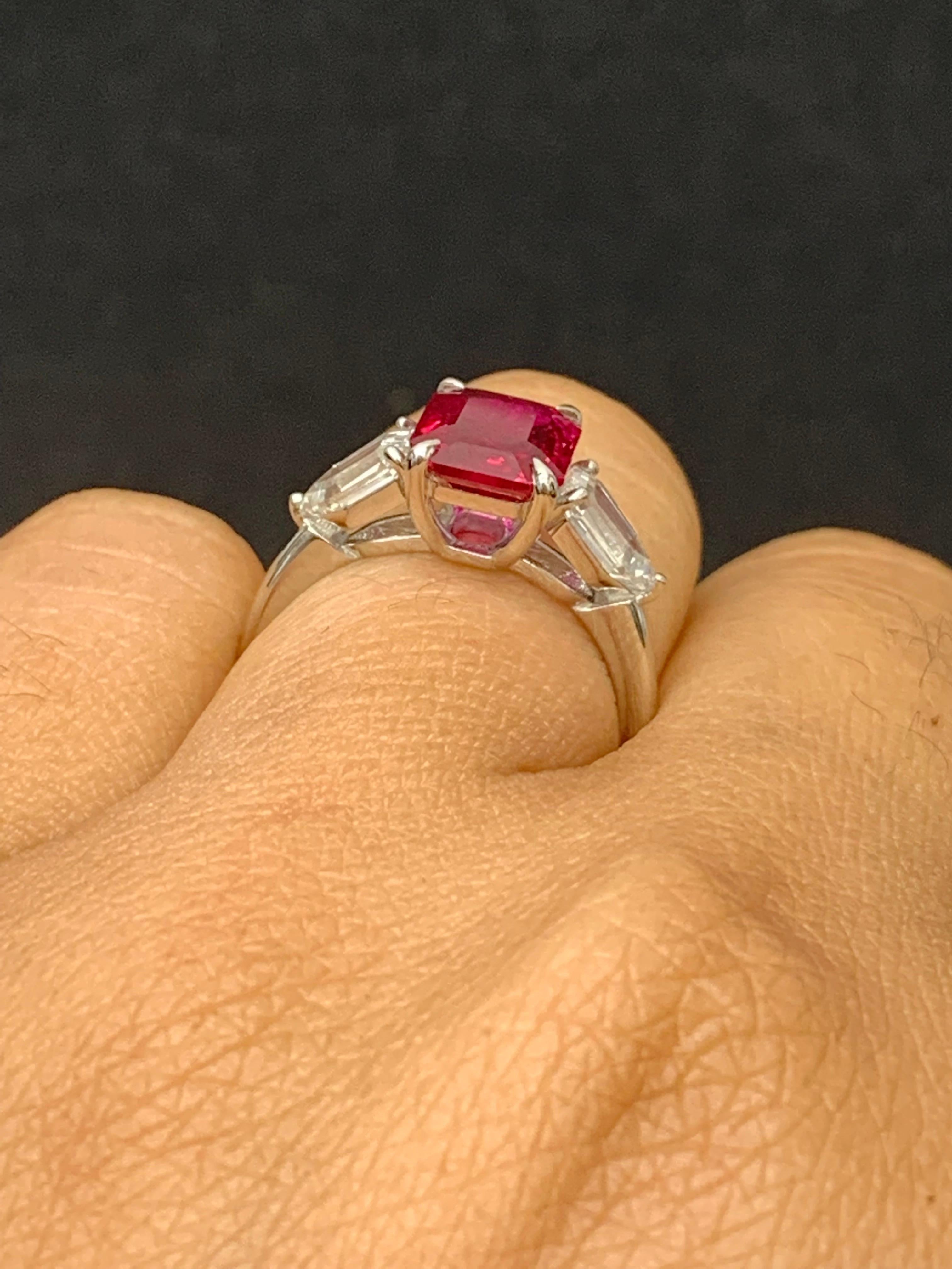 Certified 2.53 Carat Epaulet Cut Ruby and Diamond Engagement Ring in Platinum For Sale 4