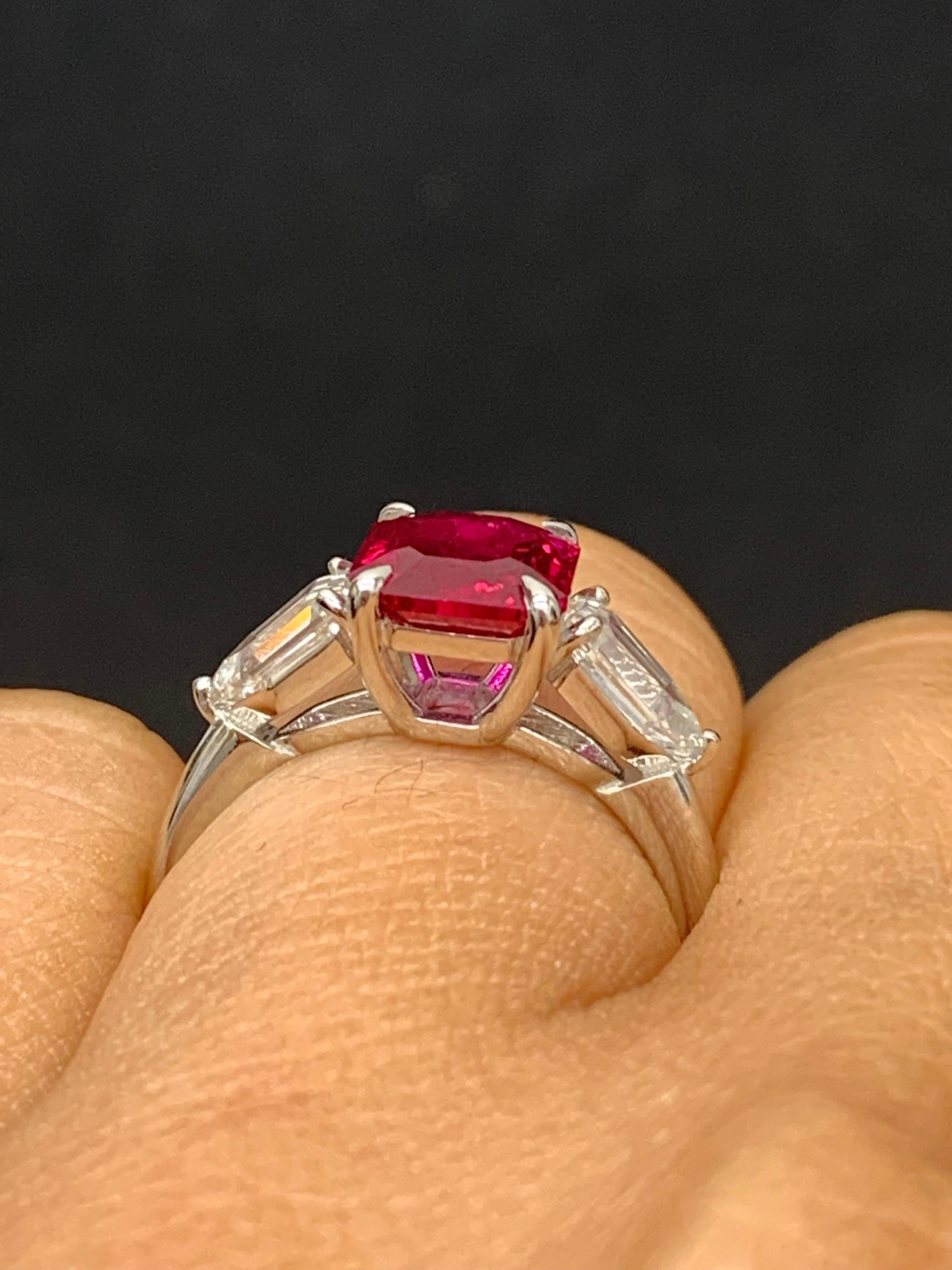 Certified 2.53 Carat Epaulet Cut Ruby and Diamond Engagement Ring in Platinum For Sale 8