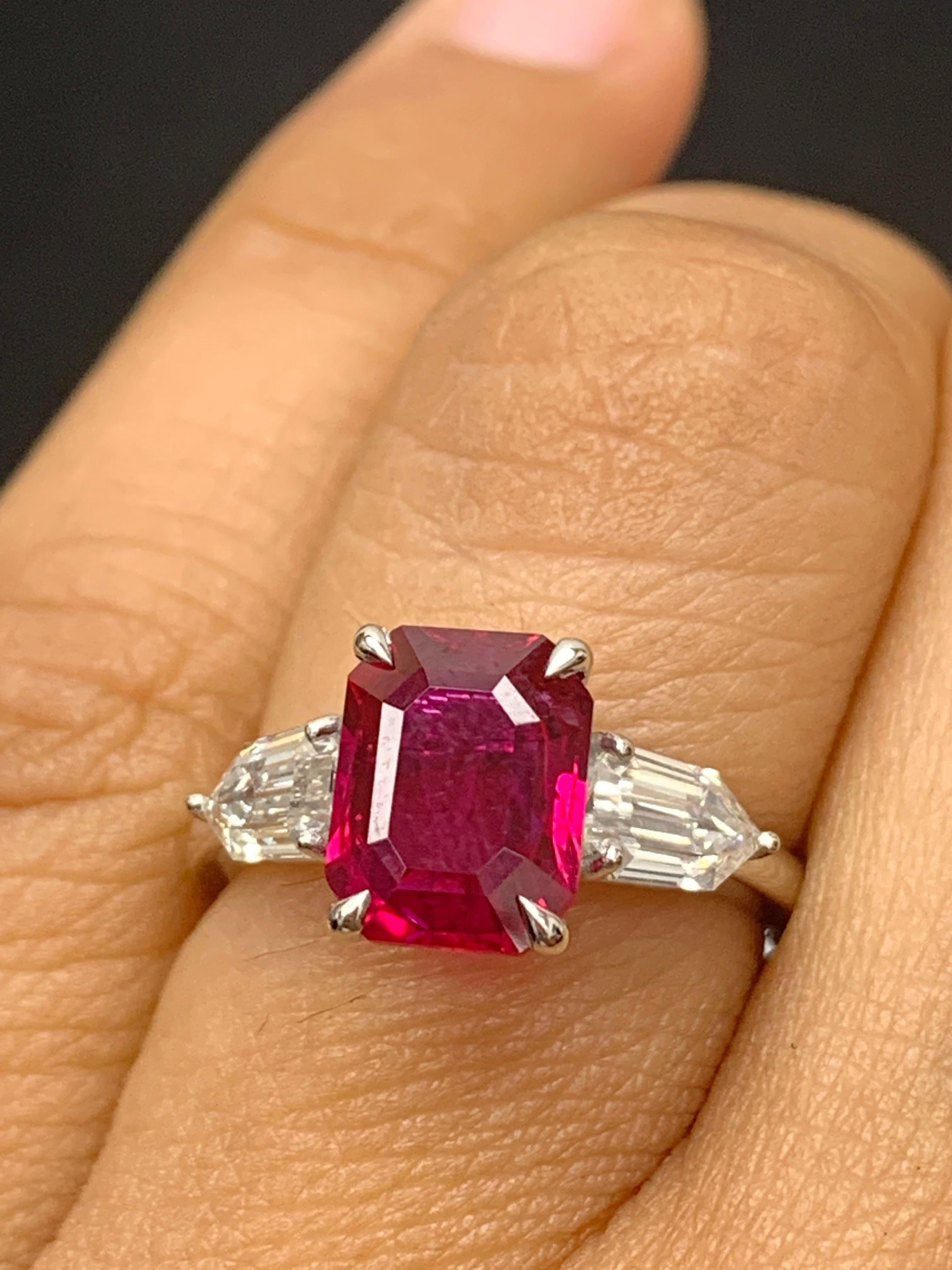 Modern Certified 2.53 Carat Epaulet Cut Ruby and Diamond Engagement Ring in Platinum For Sale