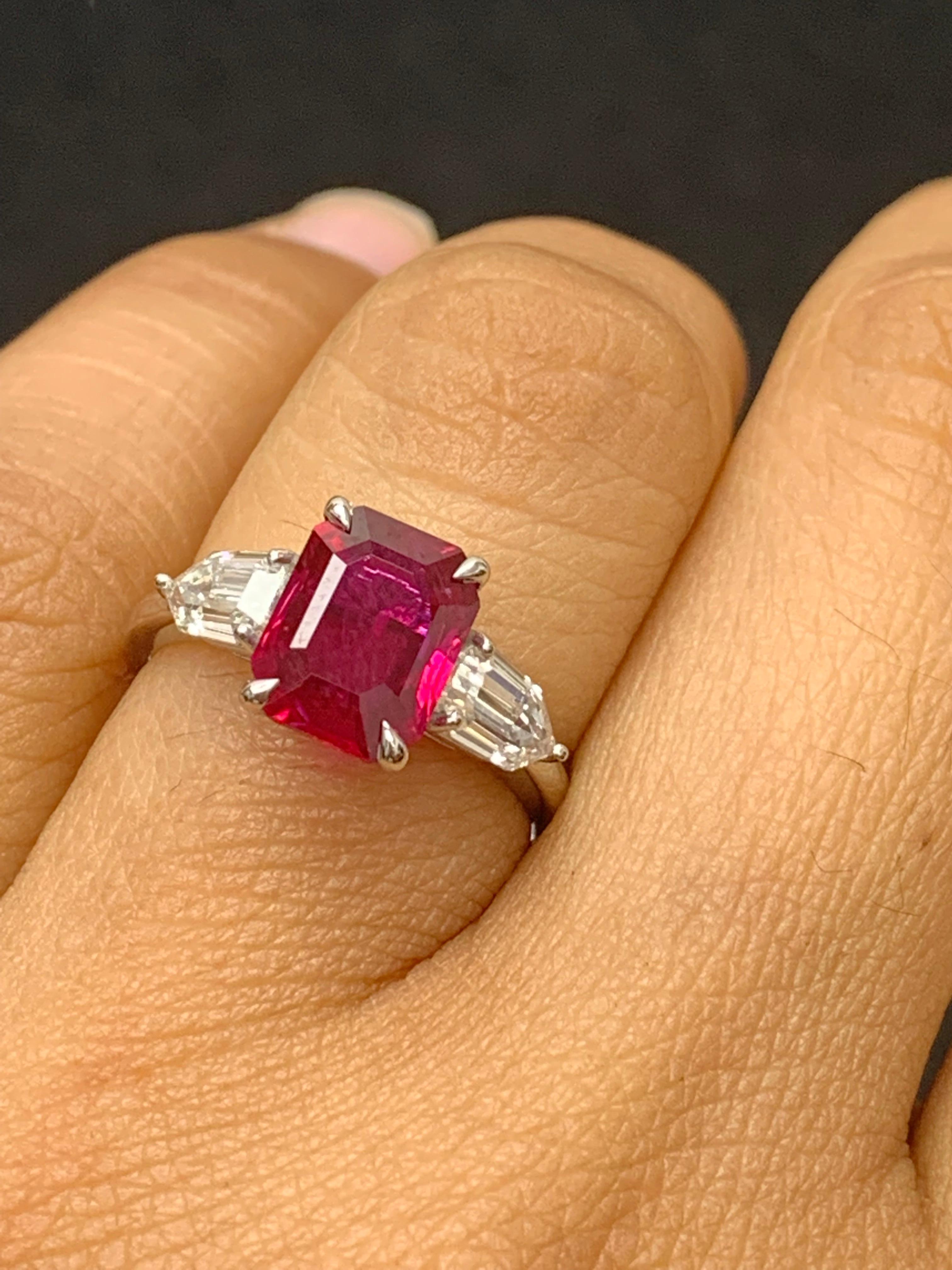 Emerald Cut Certified 2.53 Carat Epaulet Cut Ruby and Diamond Engagement Ring in Platinum For Sale