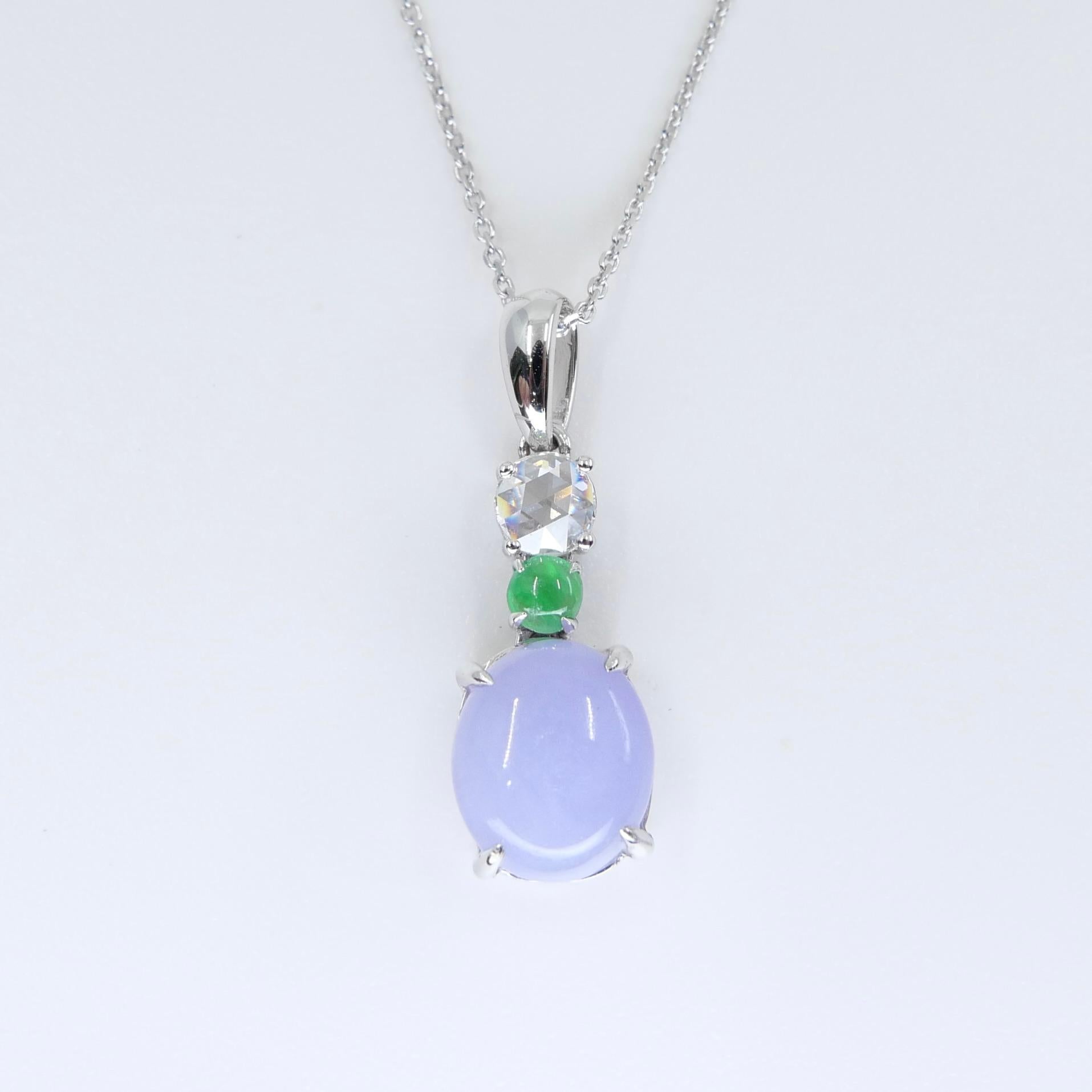 Certified 2.53cts Intense Lavender Jade & Rose Cut Diamond Drop Pendant Necklace For Sale 5